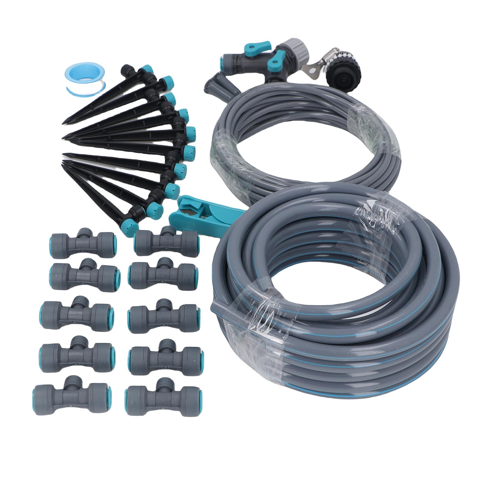 Keenso Sistema de riego por goteo PE PVC ABS sistema de riego de jardín de 32,8 pies con 8 orificios de nebulización ajustables 3 modos de pulverización para césped, jardín, invernadero, refrigeración