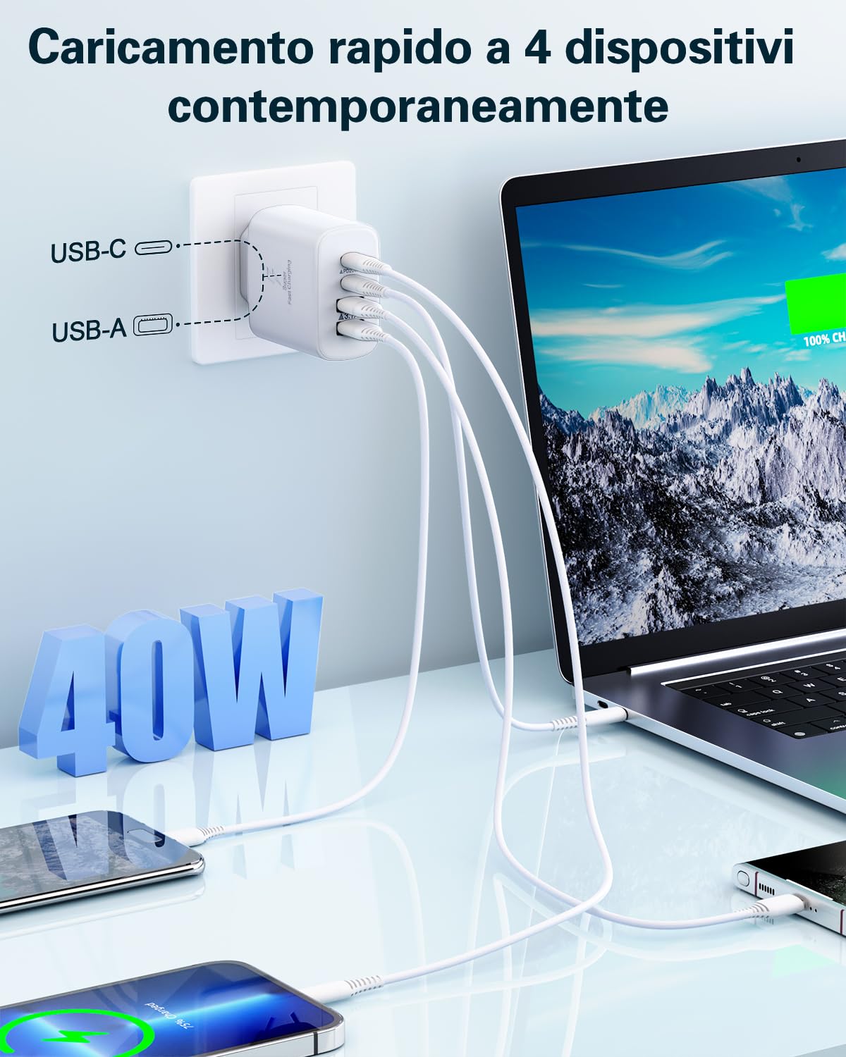 Caricatore USB C, 40W 4-Porto Rapido Presa USB Multipla PD+QC 3.0 Carica Cellulare, Spina Alimentatore USBC Caricabatterie per iPhone 16 15 14 13 12 11 Pro Max Plus, Samsung, Spinotto USB Adattatore