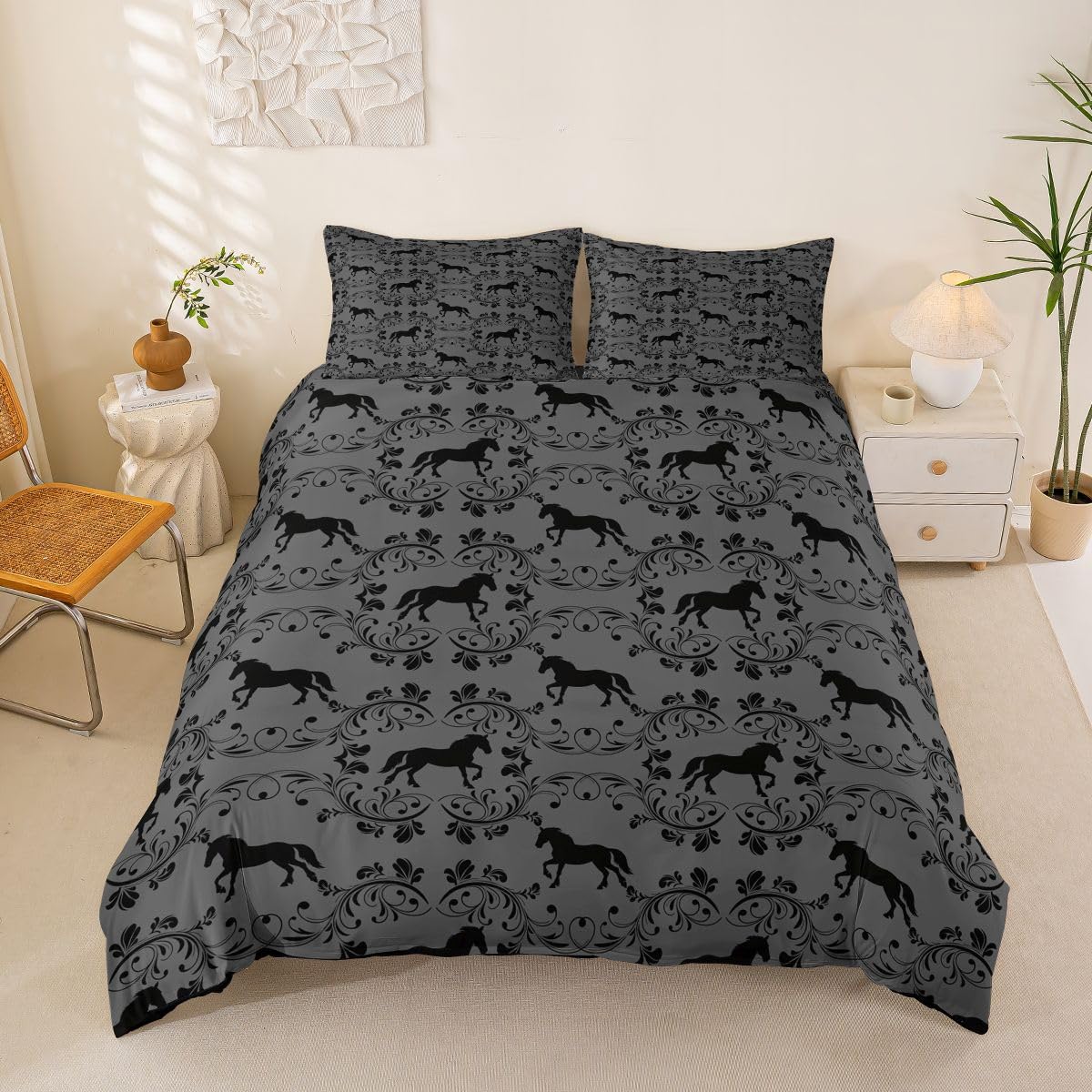 Homemissing Grey Horse Silhouette Duvet Cover Set Super King Size for Kids Boys Girls Damask Horse Bedding Set Gifts for Equestrian Duvet Cover with 2 Pillowcases Gothic Vintage Damask Floral Bedding — image 1