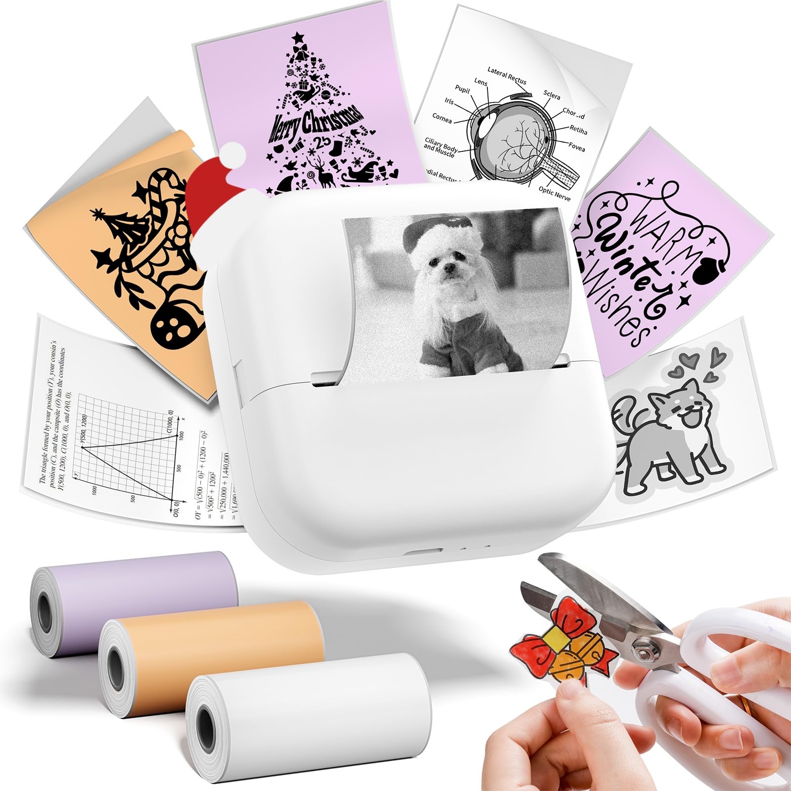 Phomemo M02X Mini Printer - Mini stampante termica portatile con 3 rotoli di carta, compatibile con smartphone e tablet, per diari, appunti di studio, liste di cose da fare, stampa di adesivi - Bianco