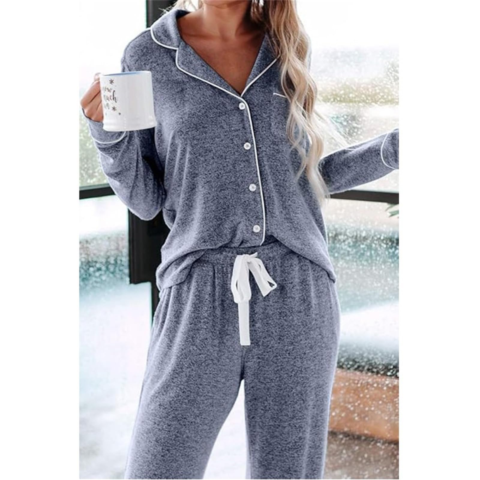 Pigiama da donna a maniche lunghe con bottoni, 2 pezzi, pigiama da donna a maniche lunghe, set da casa