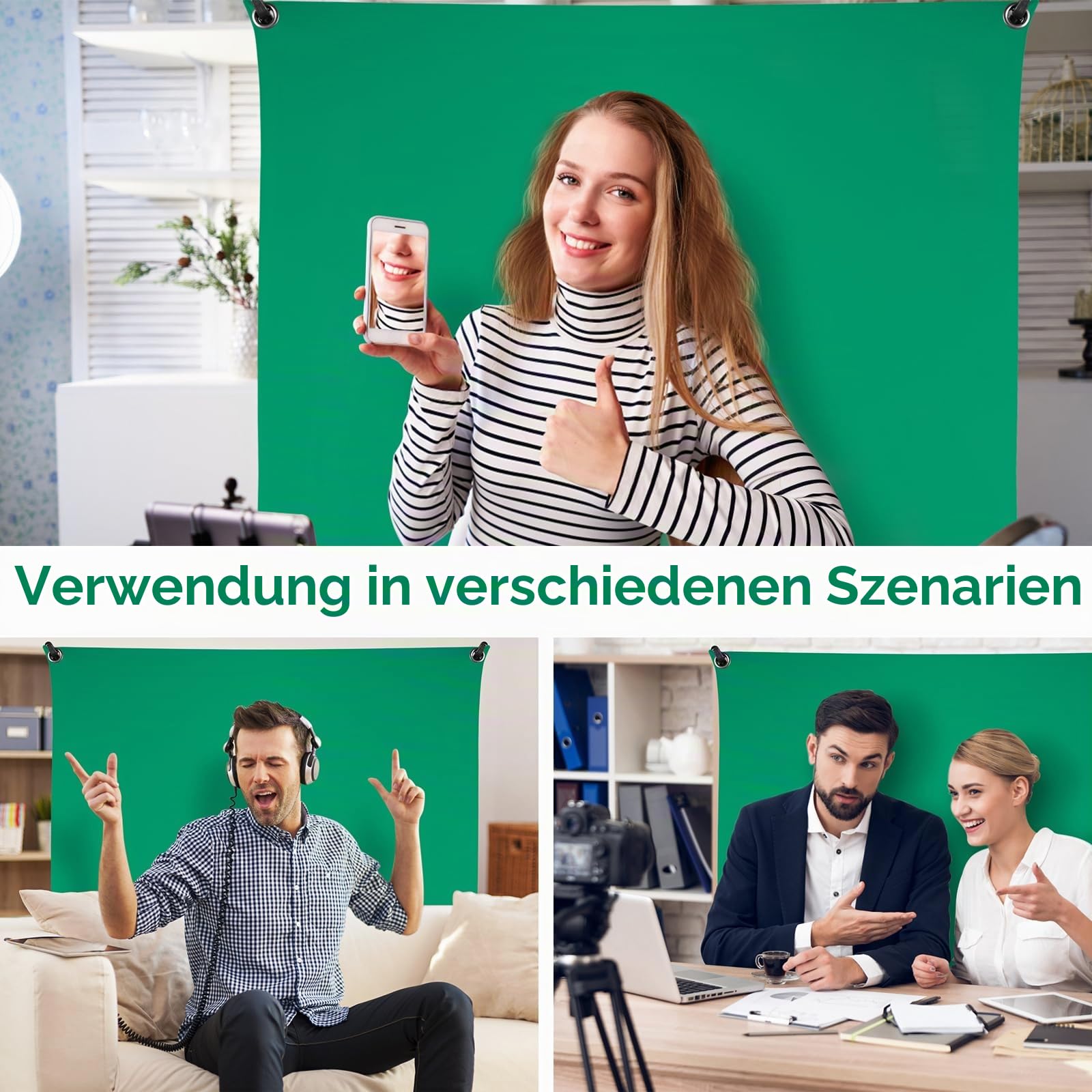 Grüner Bildschirm mit Ständer 1.5 x 2 m, Grüner Bildschirm mit einstellbarem Hintergrund Ständer für Fotografie, Streaming, Gaming, Chroma Key, Foto Studio Video Aufnahme, Portrait Headshot Fotografie