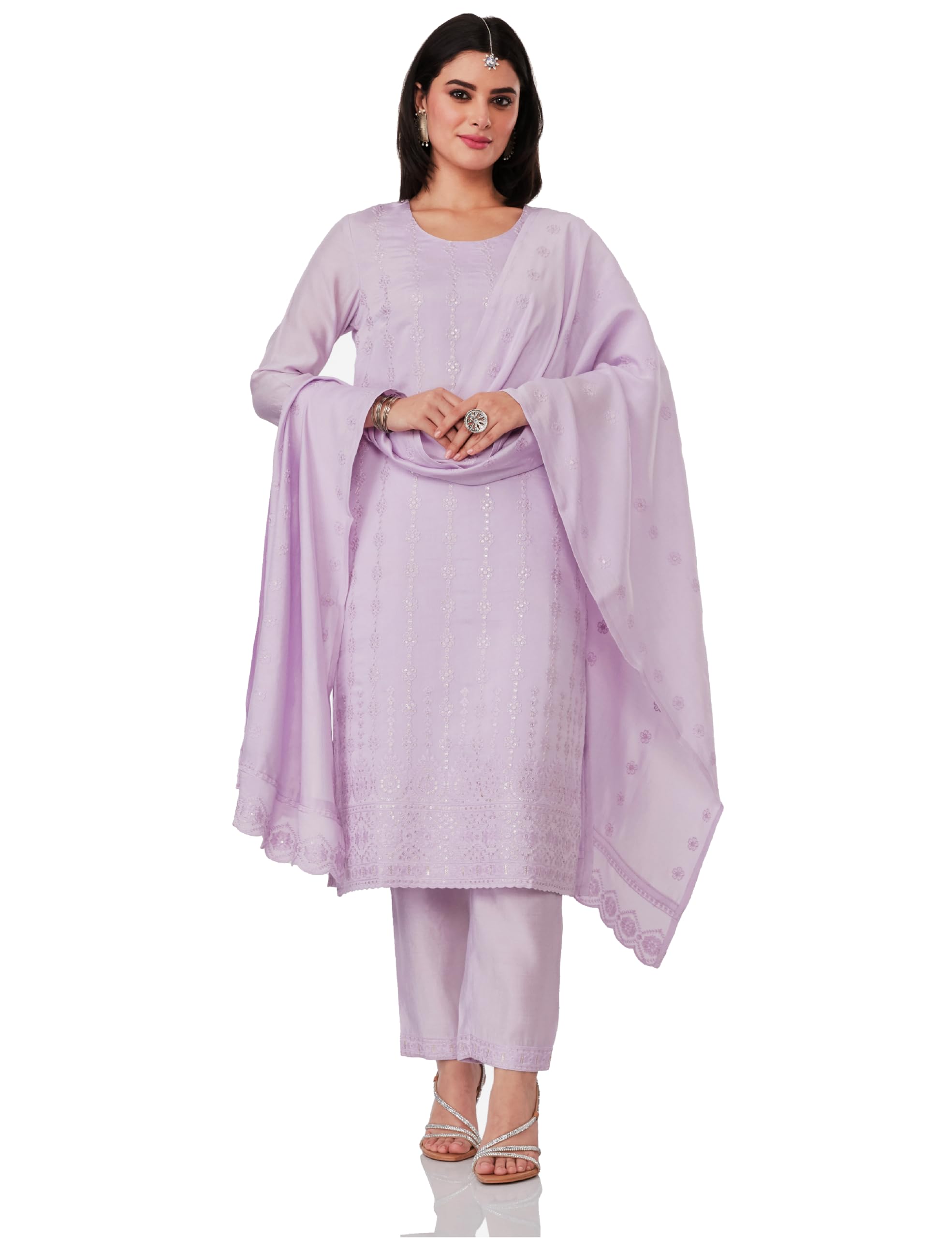 amazon brand - myx Women's Embroidered Kurta Pant Set with Dupatta (Available in Plus Sizes)-picture-25