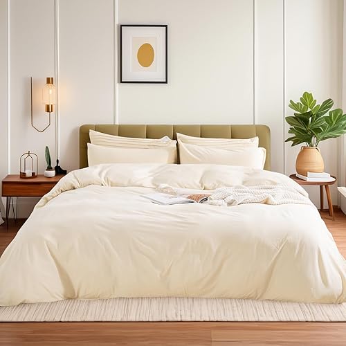 Miniatura 2 de NEXHOME PRO Juego de funda de edredón de algodón orgánico, tamaño individual, súper suave, color amarillo crema, juego de ropa de cama de punto de