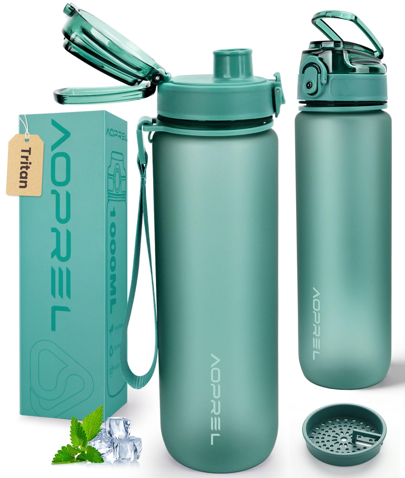 Aoprel Light Turquoise Leakproof Water Bottle 1L/650Ml With Time Marker, Bpa-Free Tritan