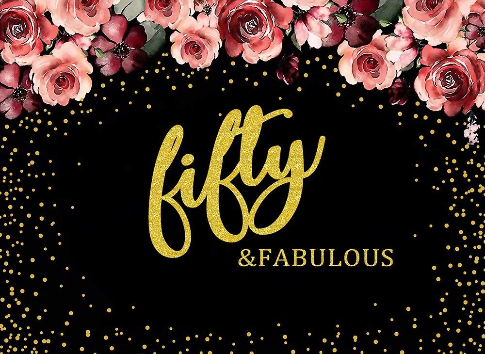 NIVIUS PHOTOFifty and Fabulous Birthday Backdrop Black White Stripes Floral Photography Background 7x5ft Polyester 50th Birthday Party Backdrops W-2296