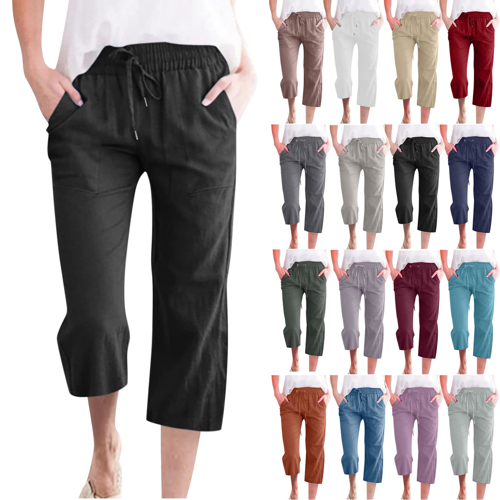 Cotton Linen Pants for Women Trendy 2024 High Waist Drawstring Cropped Pant Trousers Casual Summer Wide Leg Capris