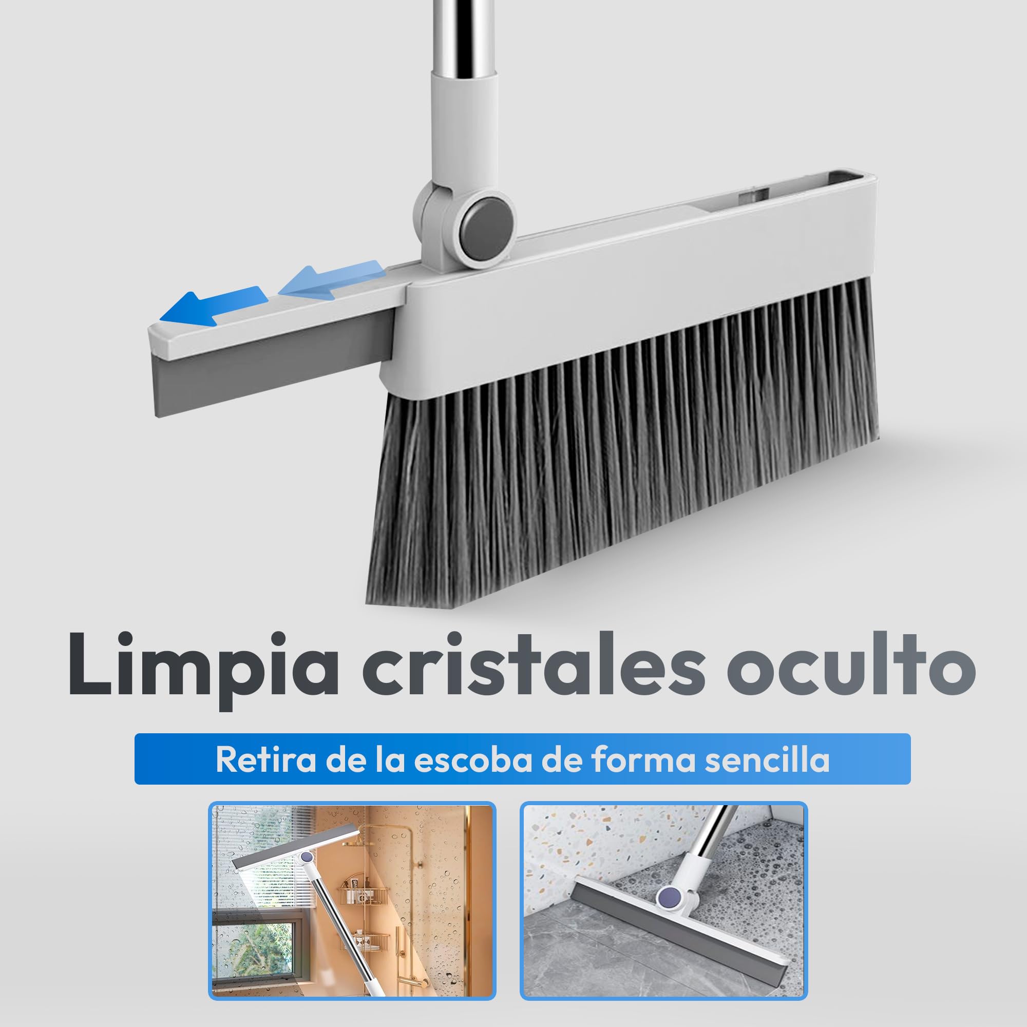 JUPPLIES Escoba y Recogedor Plegable 3 en 1 con Cepillo Extraíble y Limpiacristales Oculto - Mango Telescópico de 126 cm y Rotación de 180º - Limpieza del Hogar Oficina
