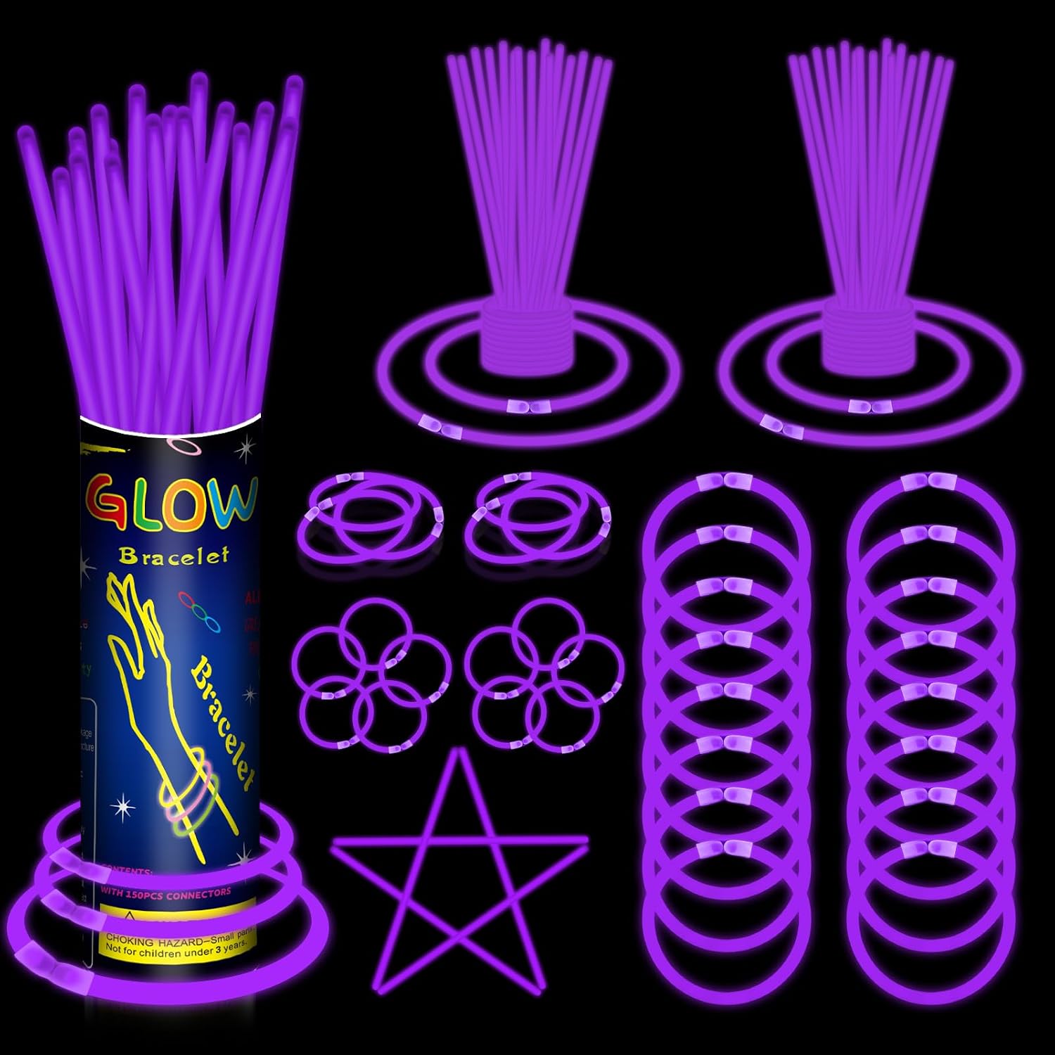 100-Pack 8" Purple Glow Sticks Bulk Party Favors