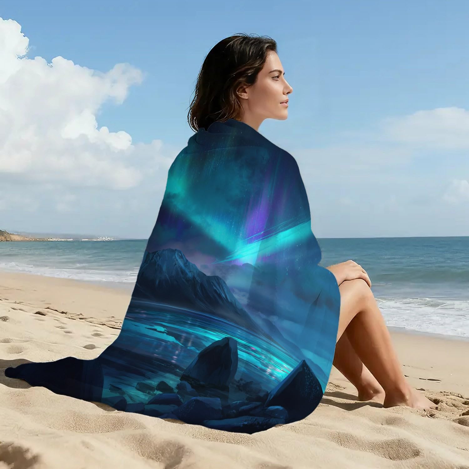 Asciugamano da spiaggia in microfibra Dreamy Ethereal, telo da spiaggia elegante natura paesaggio, cielo notturno, aurora, ghiaccio, asciugatura rapida, anti sabbia e leggero, asciugamano da bagno