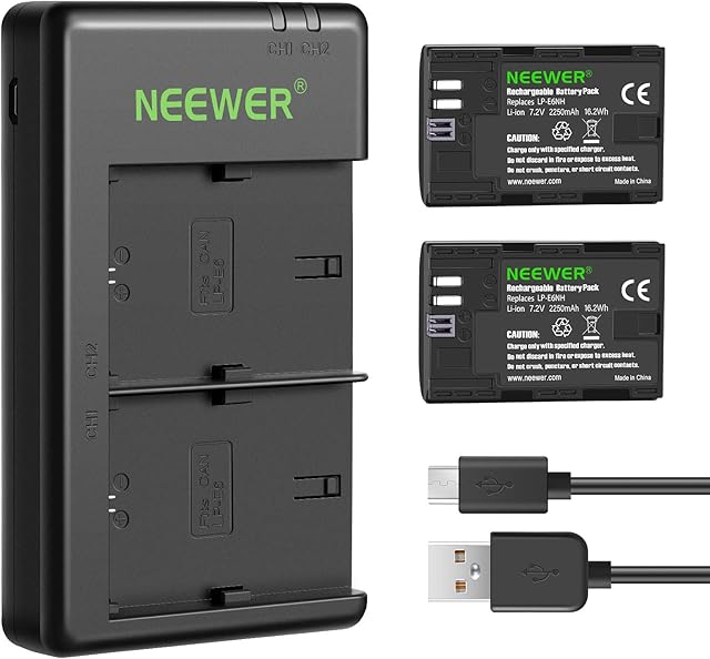 Neewer Replacement LP-E6NH Battery Rechargeable Battery Charger Set Compatible with Canon EOS R7, EOS R5, EOS R6, EOS R, 5D II III IV, 6D, 6D II, 7D, 7D II, 60D, 70D, 80D, 90D(2-Pack, Micro USB Port)