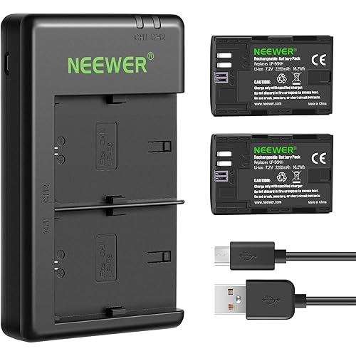 NEEWER Replacement Battery and Charger Set for LP-E6NH, Compatible with Canon EOS R7, R5, R6, 5D II, 6D, 7D, 70D, 80D, 90D, 2-Pack 2250mAh Batteries and Dual Channel USB Charger