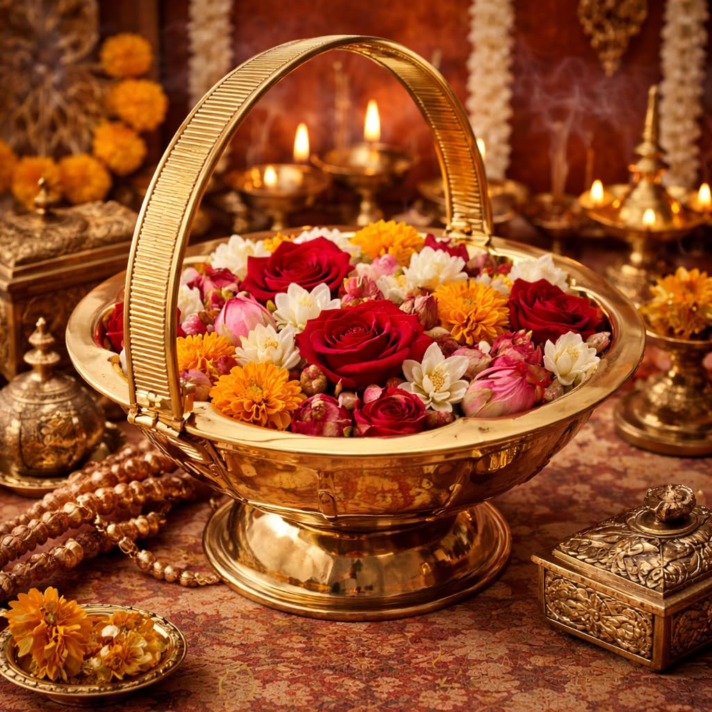 ANYRA'S TROVE Medium Pooja Basket with Lotus Design 100% Brass with Handle|Temple Flower Basket| Phool Tokri|22 CM|Mandir|Kovil PooKudai|Kitchen and home decor|Handicraft|pool Sajja|