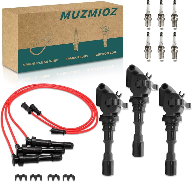 Kit de bobinas de ignição MUZMIOZ UF431 GN10384 com velas de irídio e cabos para Kia Sorento V6 3.5L 2003 a 2006 – Conjunto com 3 bobinas