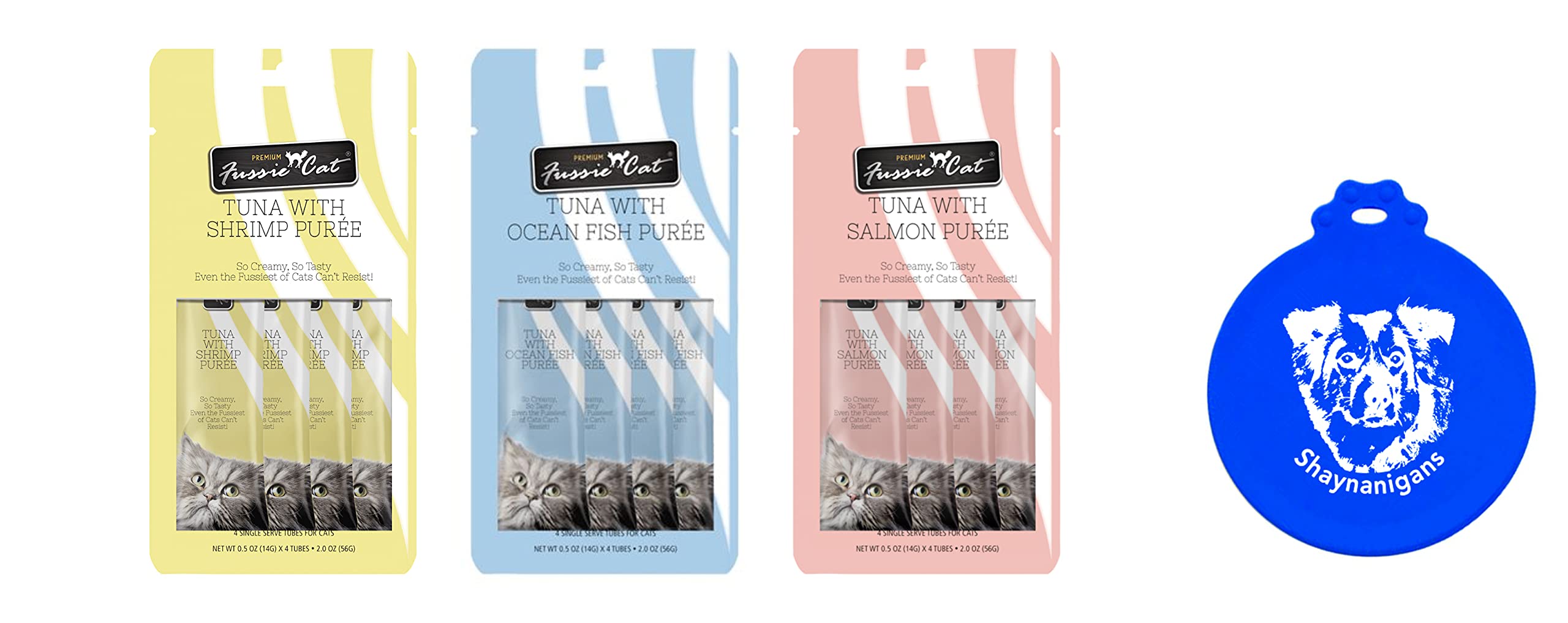 Fussie Cat Puree Grain Free Treat in 3 Flavor Bundle: 1 Tuna with Salmon, 1 Tuna with Ocean Fish & 1 Tuna with Shrimp (3 Four-Tube Packs, 12 Tubes Total, 0.5 Oz per Tube) + Shaynanigans Silicone Lid