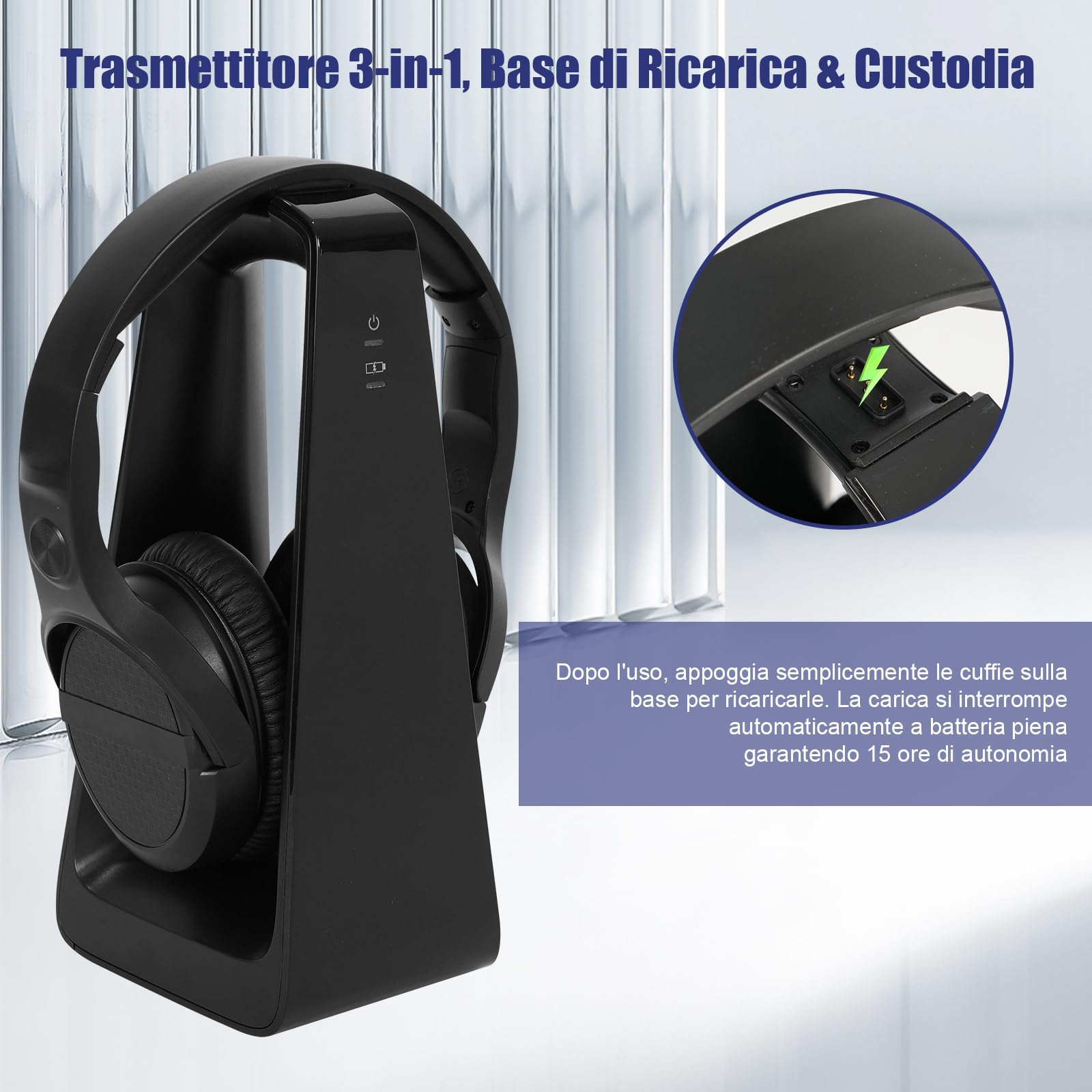 Cuffie TV Wireless per Anziani con Pulsanti Grandi, Base Ricarica Trasmettitore RF 2.4GHz, Supporto Uscite Ottico/RCA/AUX, Cuffie Bluetooth Over-Ear con 3 Modalità EQ, Portata 30m Senza Ritardo Audio