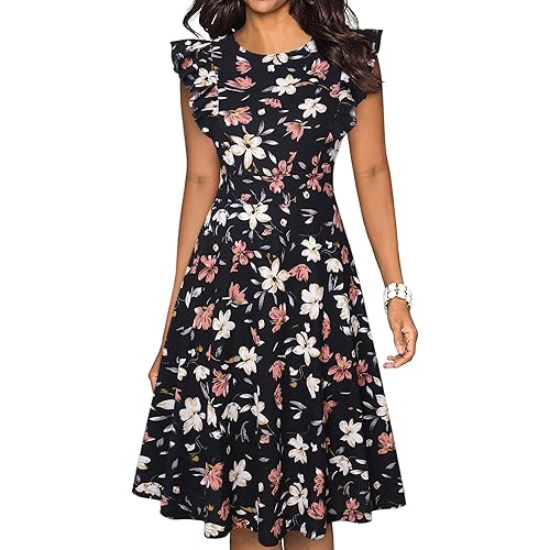 IHOT Women's Vintage Ruffle Floral Flared A Line Swing Casual Cocktail Party Dresses with Pockets