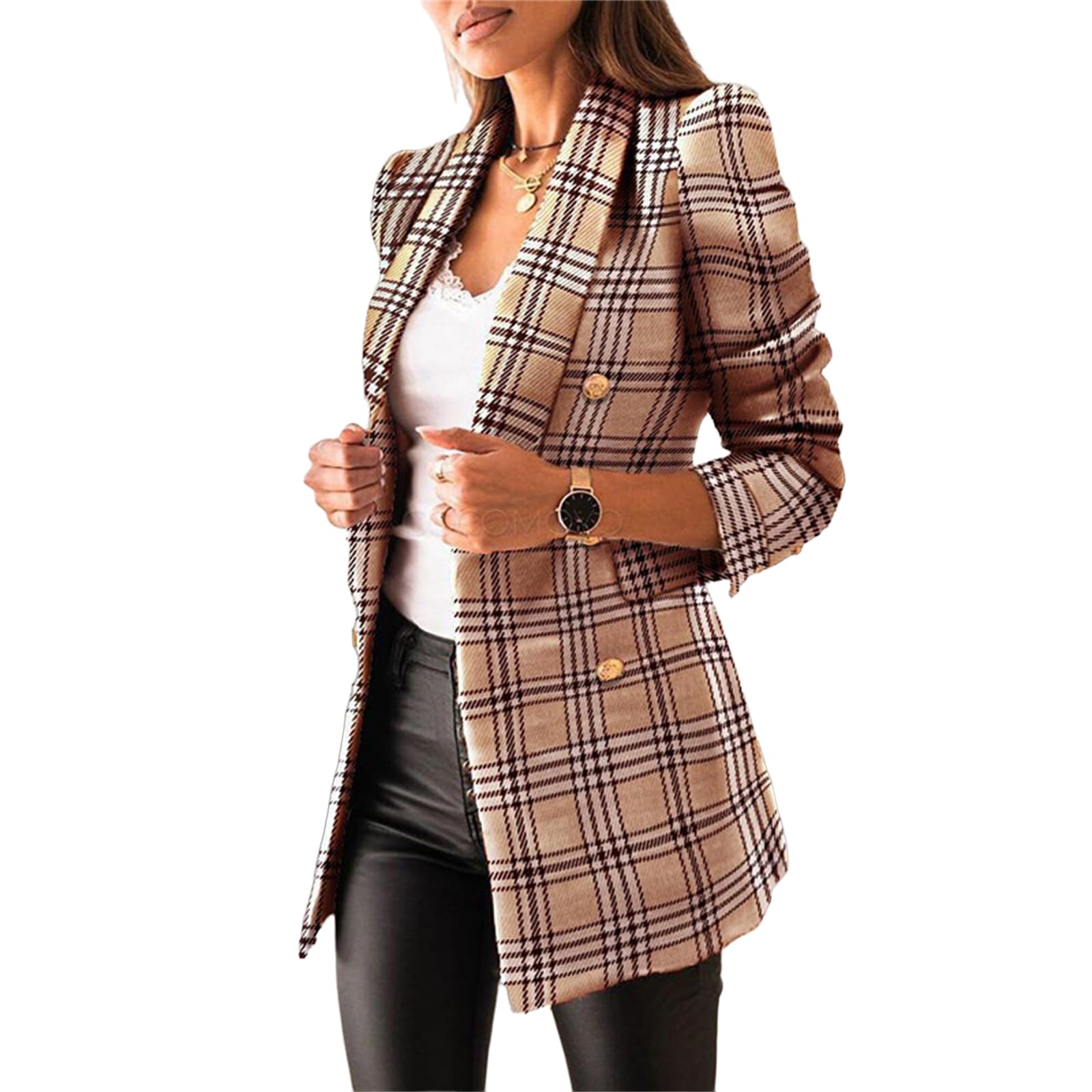 Womens Tweed Blazers for Work Elegant Double Breasted Plaid Blazer Office Work Suit Jacket Open Front Cardigans