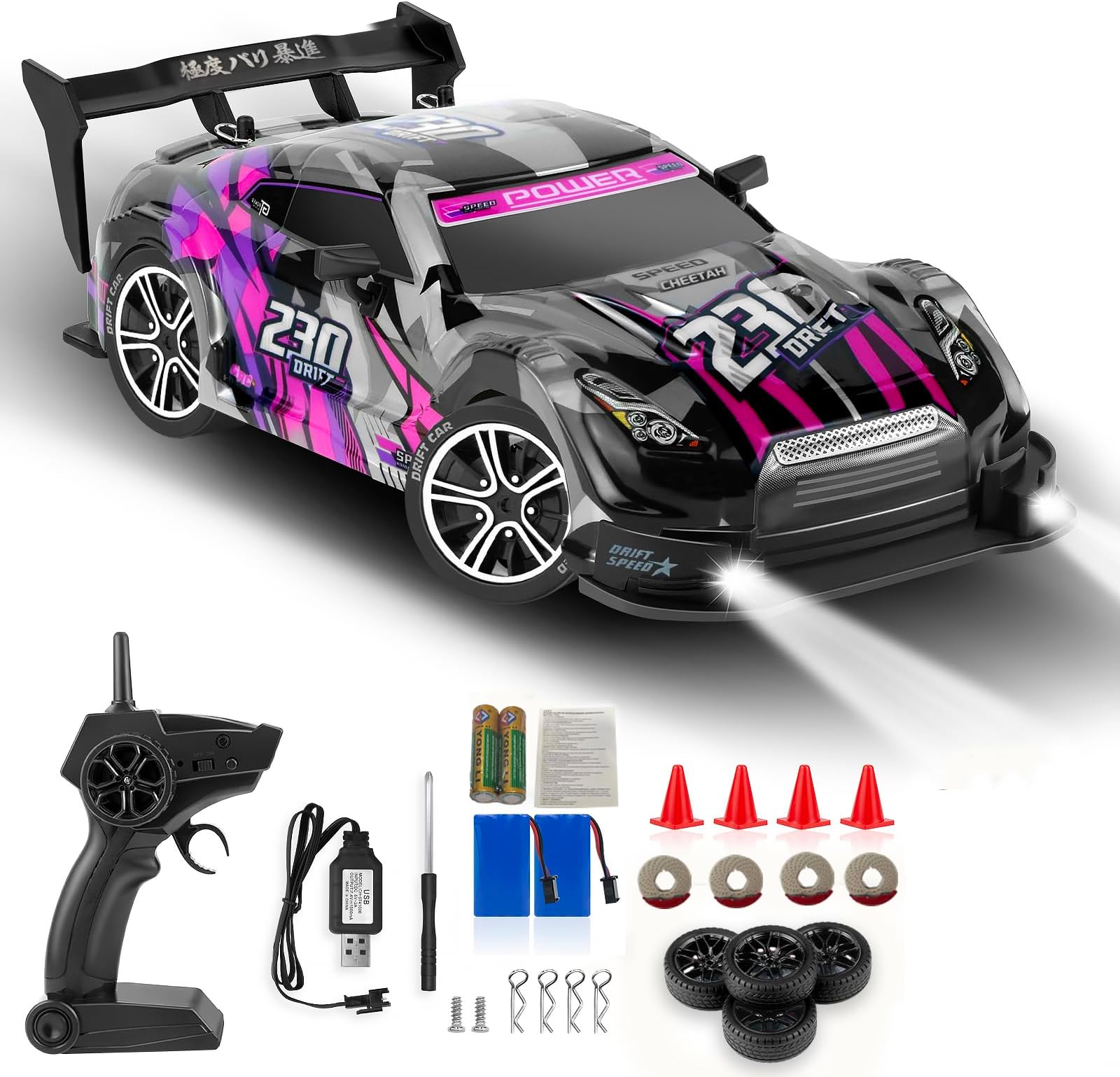 RC Drift Car, 1:16 Scale Drifting RC Cars, 2.4GHz 4WD RC Race Car, 40km/h High-Speed Remote Control Drift Car Vehicle, Racing Sport Toy Ideal Gift for Boys Girls Kids-2 USB Batteries (Purple)