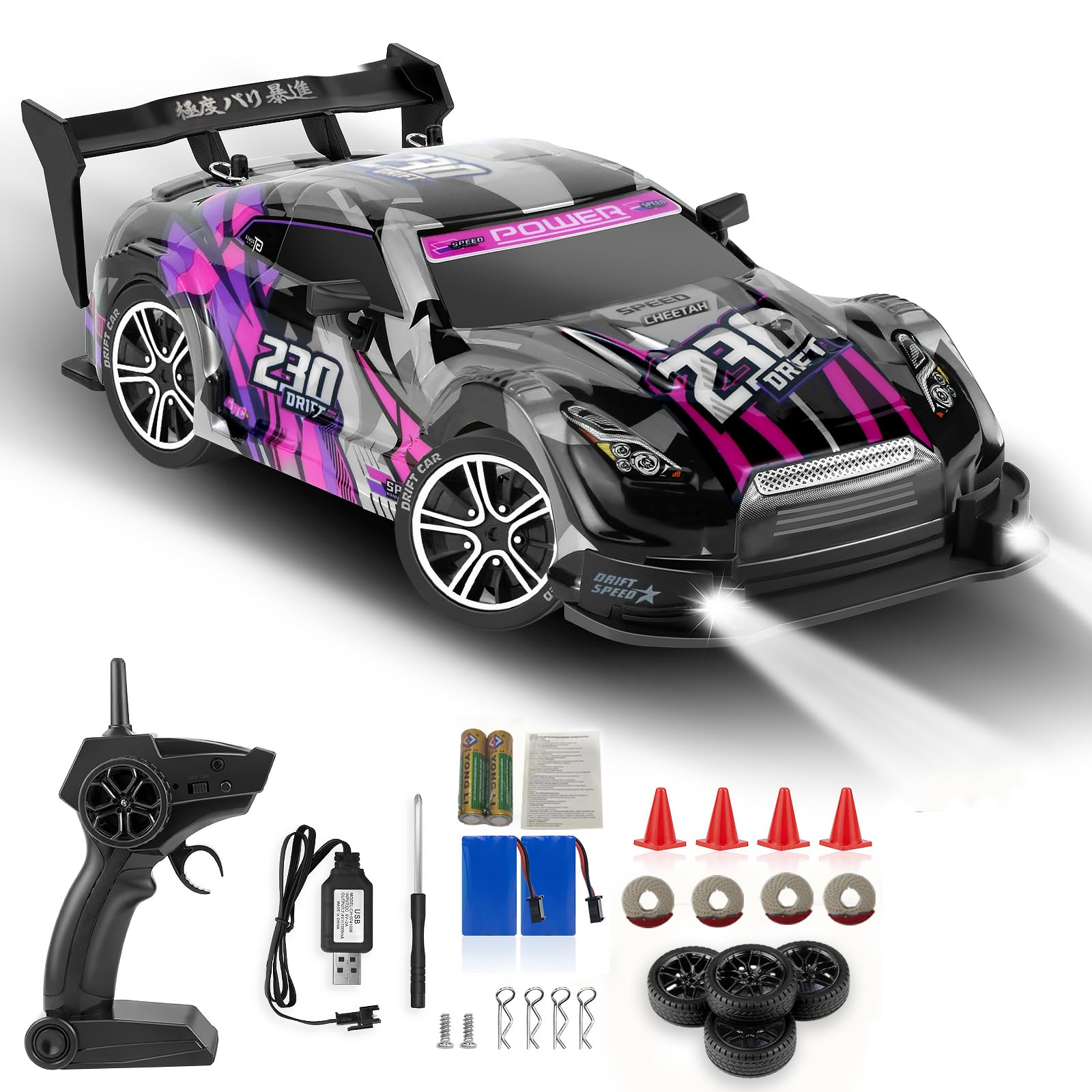 RC Drift Car, 1:16 Scale Drifting RC Cars, 2.4GHz 4WD RC Race Car, 40km/h High-Speed Remote Control Drift Car Vehicle, Racing Sport Toy Ideal Gift for Boys Girls Kids-2 USB Batteries (Purple)