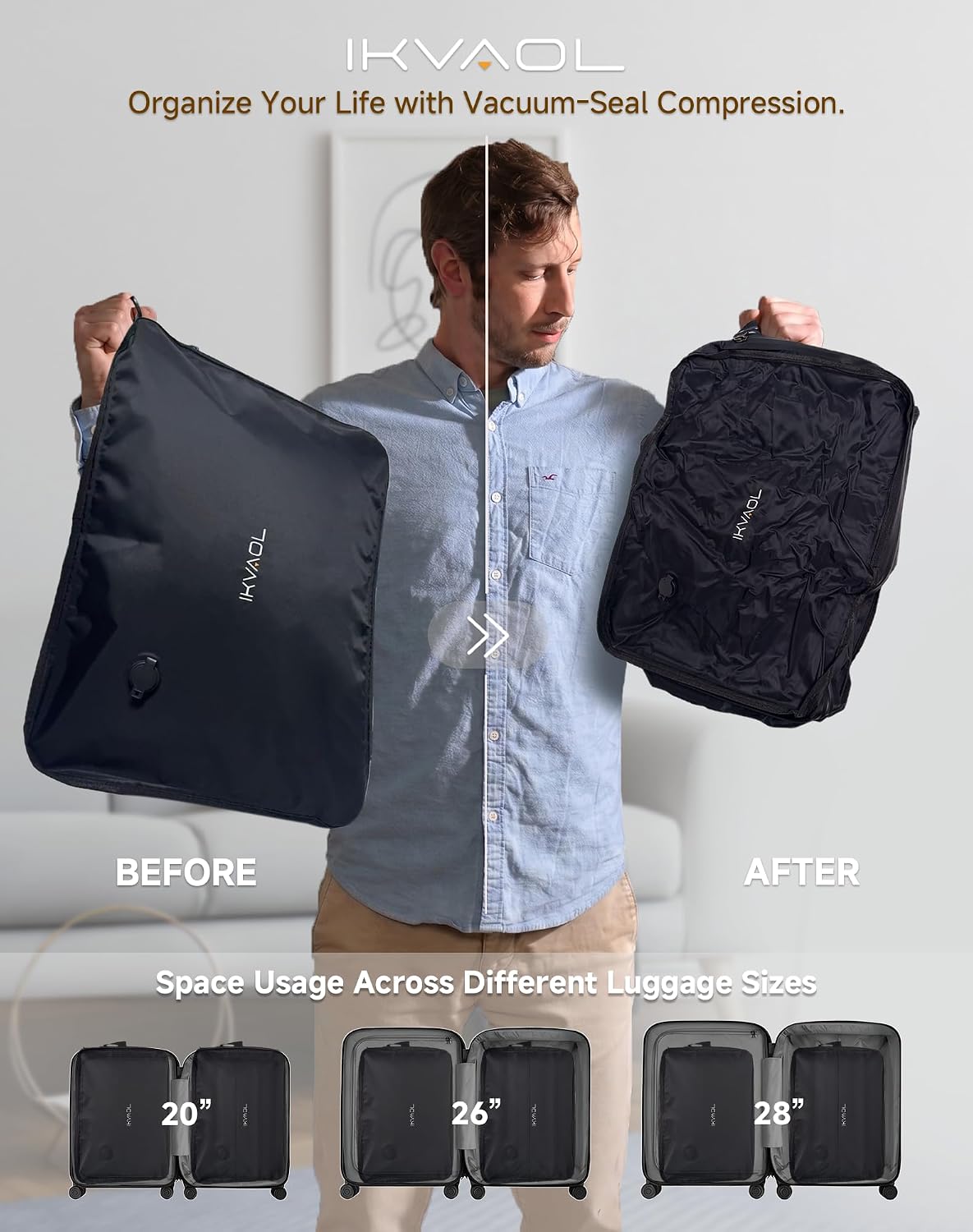 Vacuum Bags for Travel with Pump for Clothes Space Saver 2-Pack 43L | 43L Large Organizer, 5kPa Wireless Pump, 180° Wide Opening, Airtight Zipper, IP68 Waterproof, Tear-Resistant Fabric, USB-C