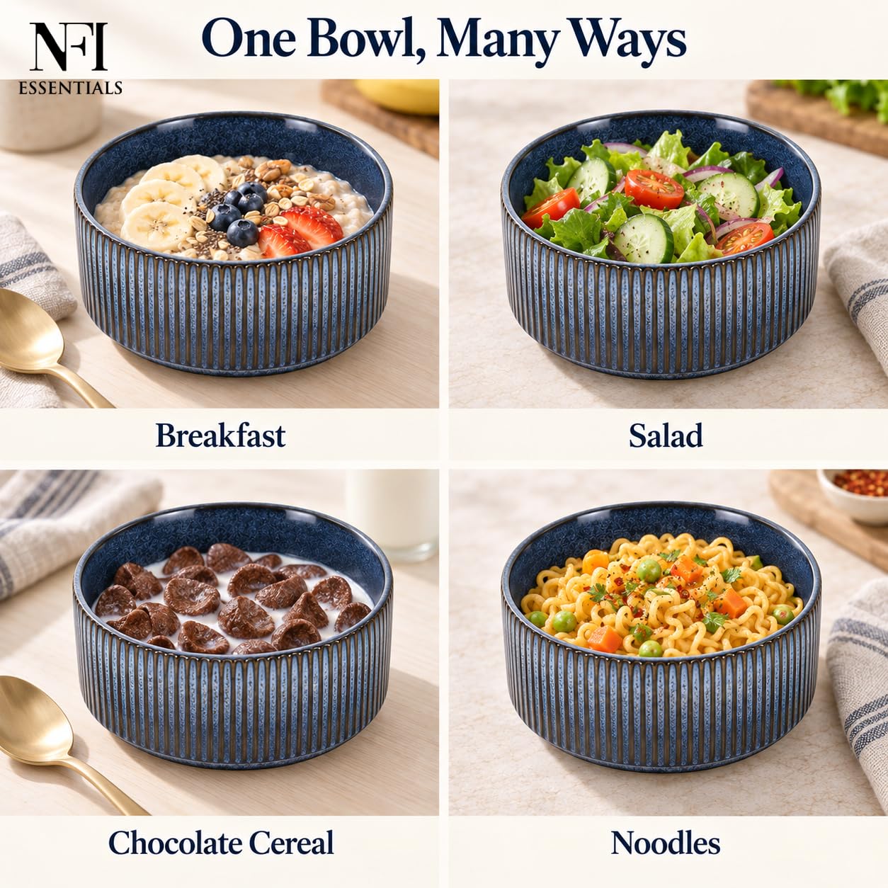 NFI essentials Frontier Ceramic Bowls Perfect for Snack, Side Dishes, Salads Or Desserts Beige Rib-Textured Multipurpose Uses Microwave & Oven Safe Ideal for Gifting & Daily Use — Amazon image 6