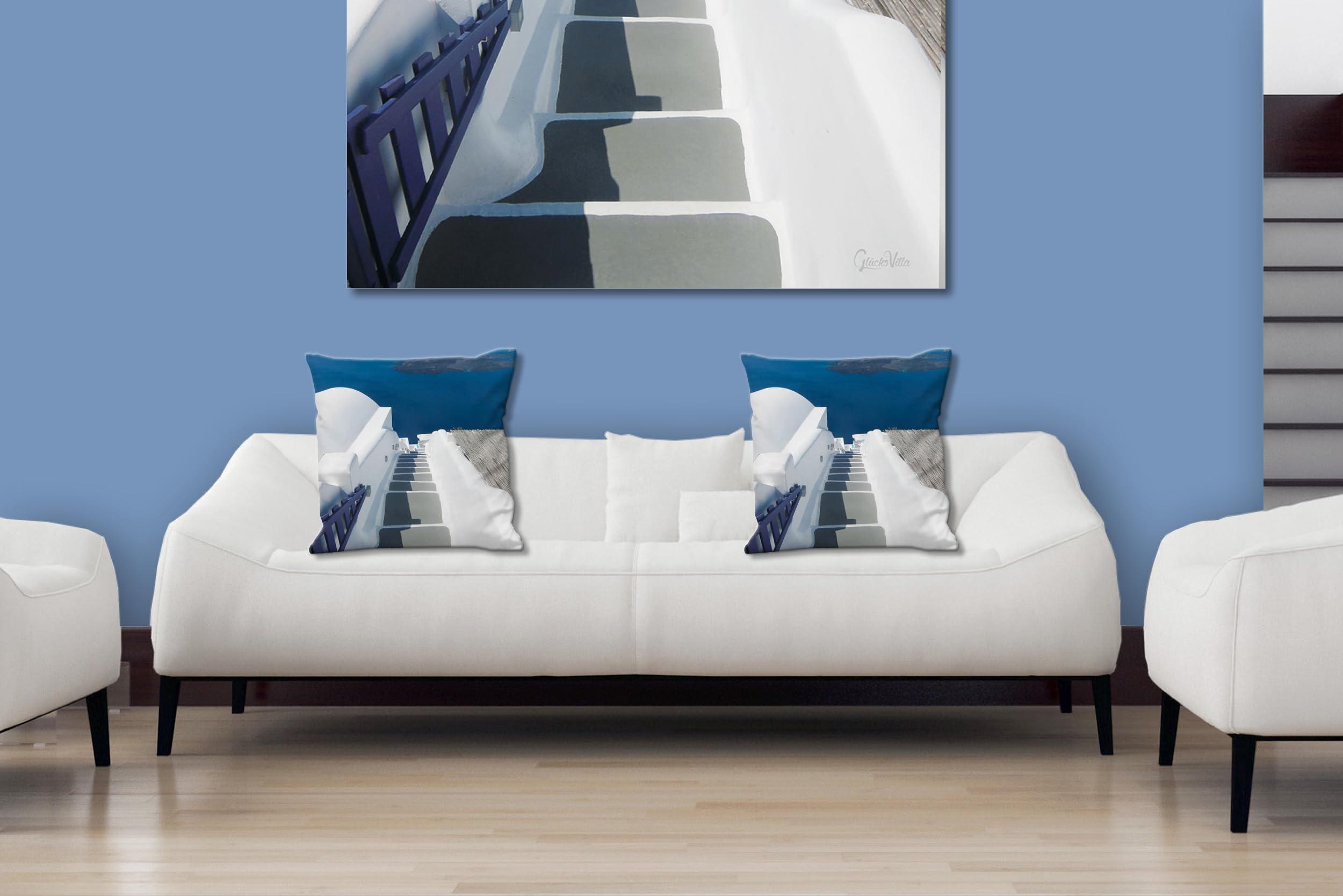 Santorin 1 - Foto-Kissen-Hülle Set (2 STK.) 40 x 40 cm | Kissen-Bezüge - passend zu Wandbild - Deko-Kissen - Griechenland Treppe Meer Insel