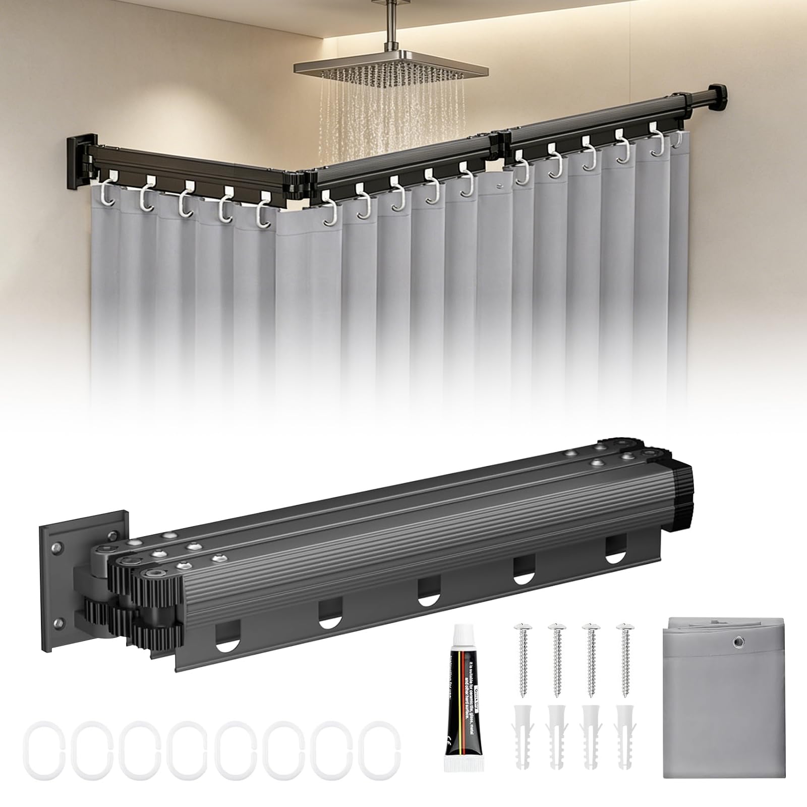 Asta per tenda da doccia, a forma di L/U, pieghevole, 3 pieghe, colla e foratura, angolo regolabile, con colla di montaggio, montaggio a vite, impermeabile, per bagno, camper, ospiti WC