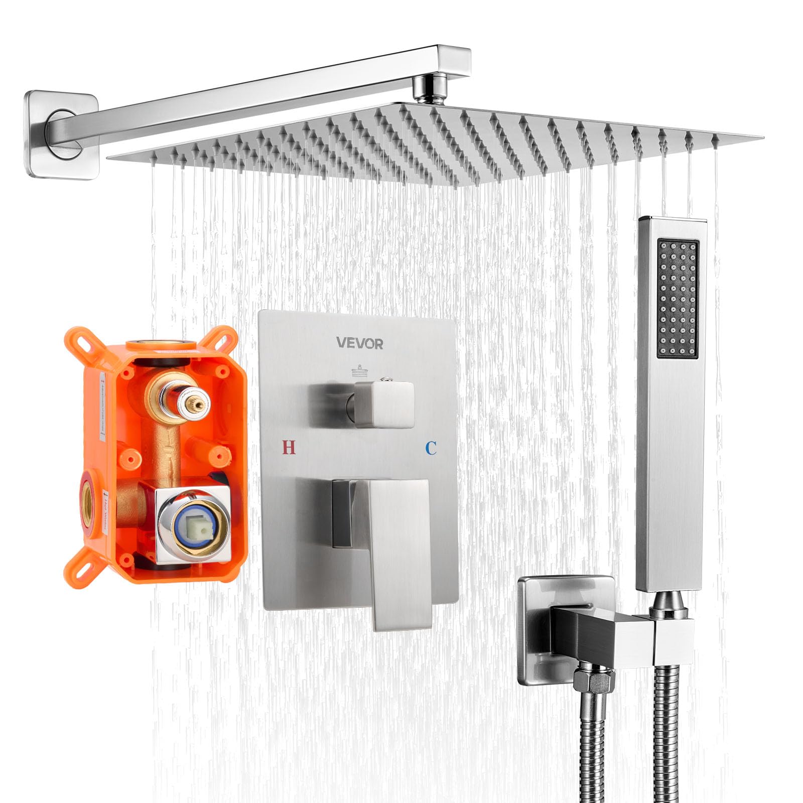 VEVOR Juego de Grifo de Ducha de Lluvia con Cabezal de Ducha Cuadrado 25,4 cm y Rociador de Mano, Grifería de Baño de Pared con Válvula Latón y Kit de Embellecedor, 6,7 L/min, Níquel Cepillado