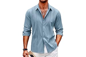 Guyabera Mens Linen Shirt Formal Long Sleeve Summer Beach Shirts
