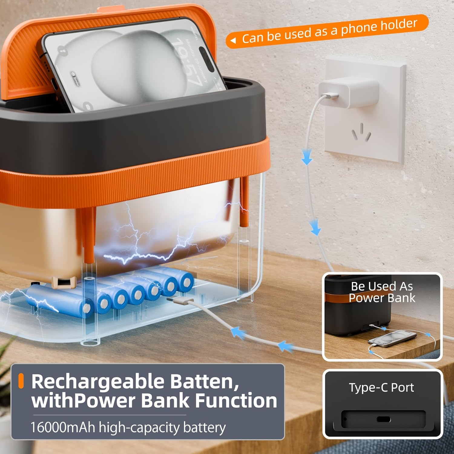 Heated Lunch Box, 16000mAh Cordless Electric, 1.5L Portable Self Heating Lunch Box for Adults, Rechargeable Food Warmer for Office, Picnic,Car Travel,Outdoor Use-Orange