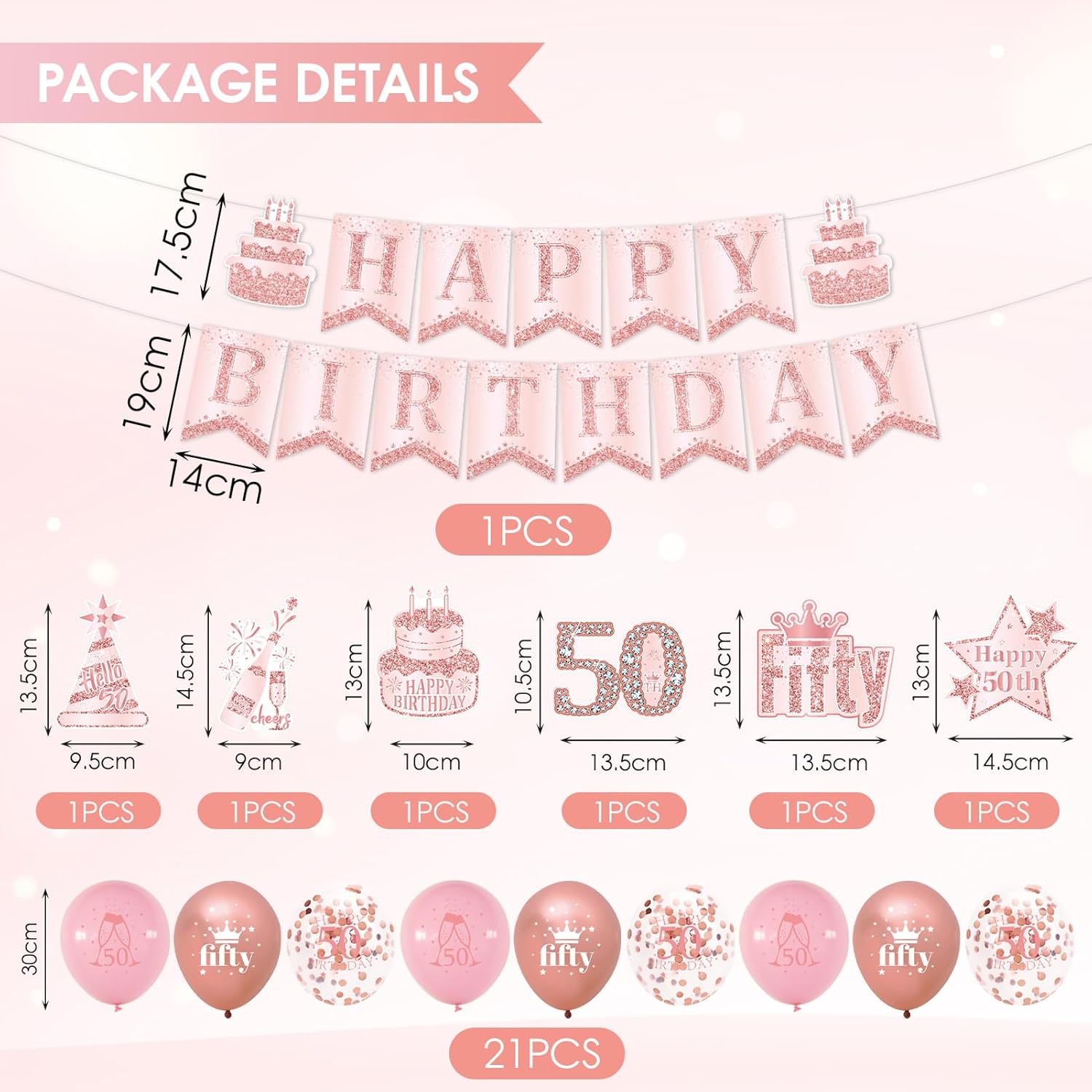 50th Birthday Decorations for Women, 50th Rose Gold Birthday Party Supplies, 50 Years Celebration Kit Including Backdrop, Crown, Sash, banner, Hanging Swirl,Balloons,Paper Fans for Her