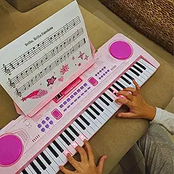 Teclado Musical Infantil Rosa Com Microfone suporte Partitura luminoso Recarregavel