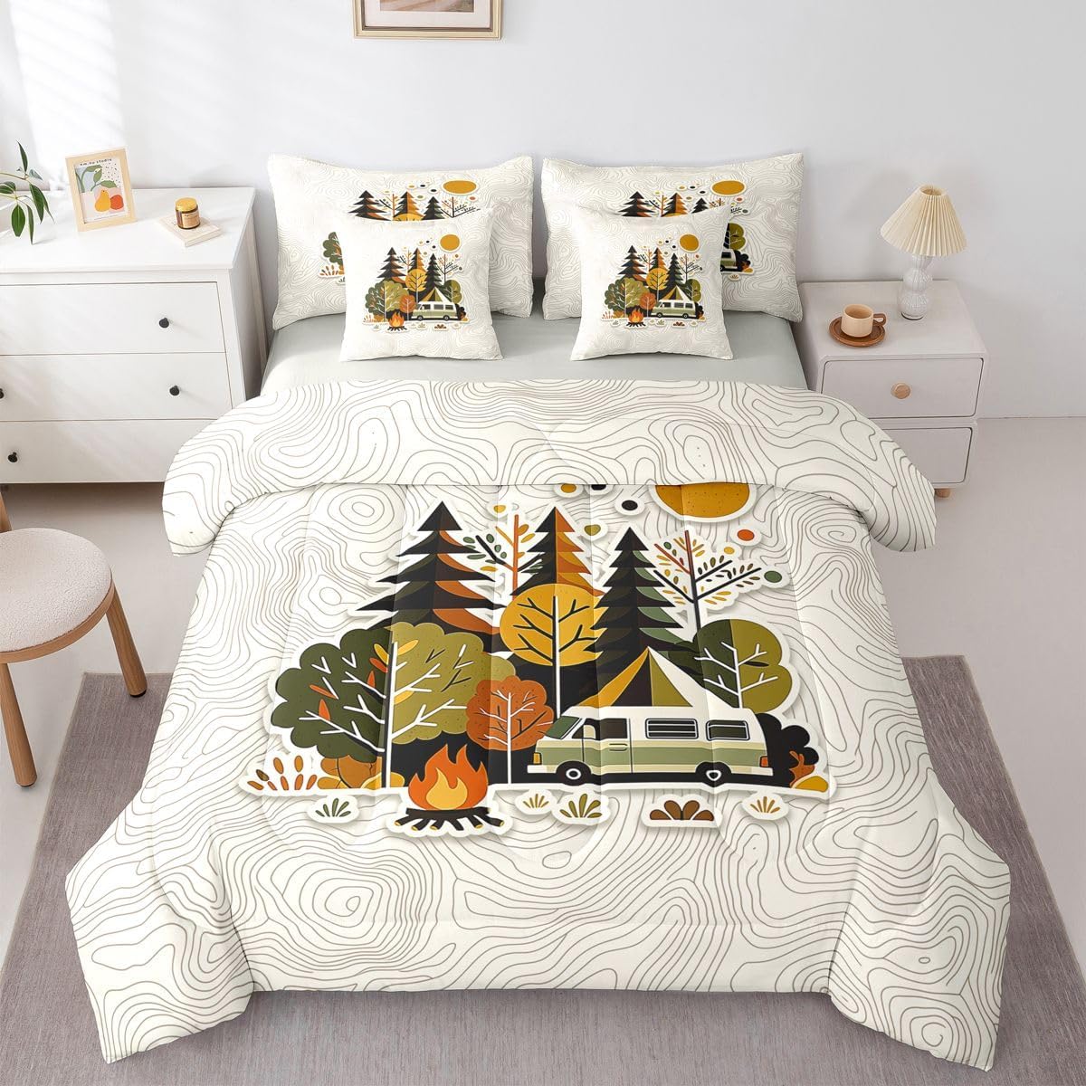 Erosebridal Camping 7 Piece Comforter Set Full Bed in a Bag | Camp Travel Car Bedding Sets Rustic Forest Botanical Garden Comforter and Sheet Set, Hand Drawn Nature Art Bed Sets, Room Decor Aesthetic