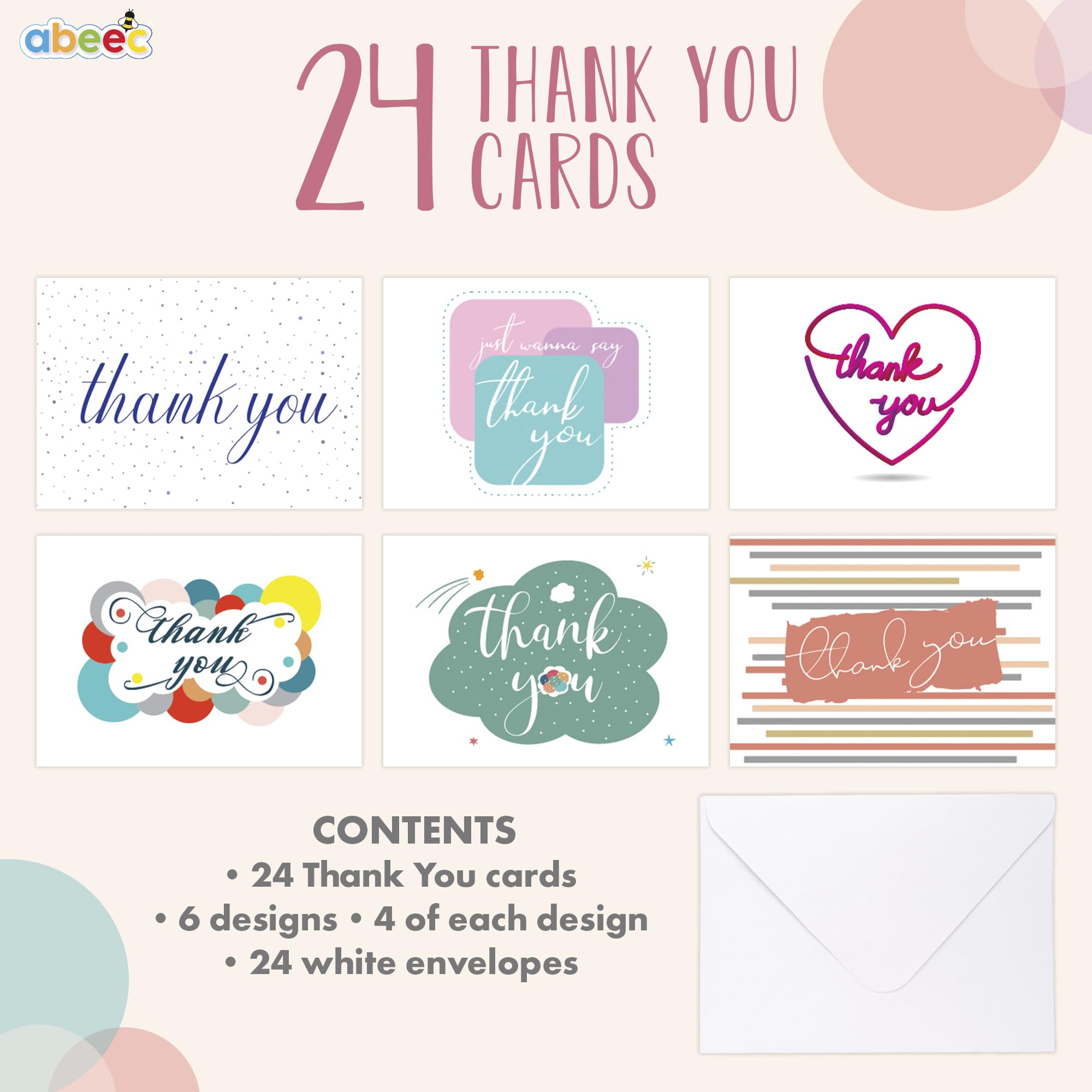 abeec 24 Thank You Cards with Envelopes, Multi, 10.5 x 14.8 cm - Image 2