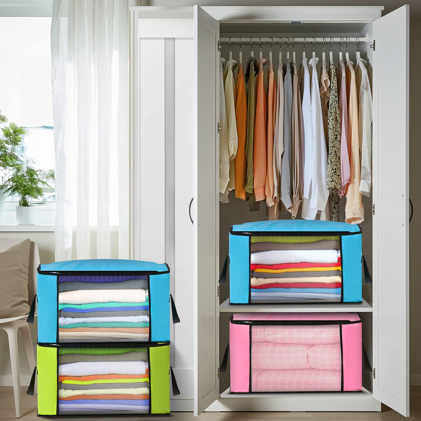 Scatole per Armadio in Tessuto Oxford per Trapunte e Coperte, Porta Abiti Grande capacità con Manico Rinforzato, Pieghevole Custodie Impermeabili antibatteriche 60x43x35cm 4pcs