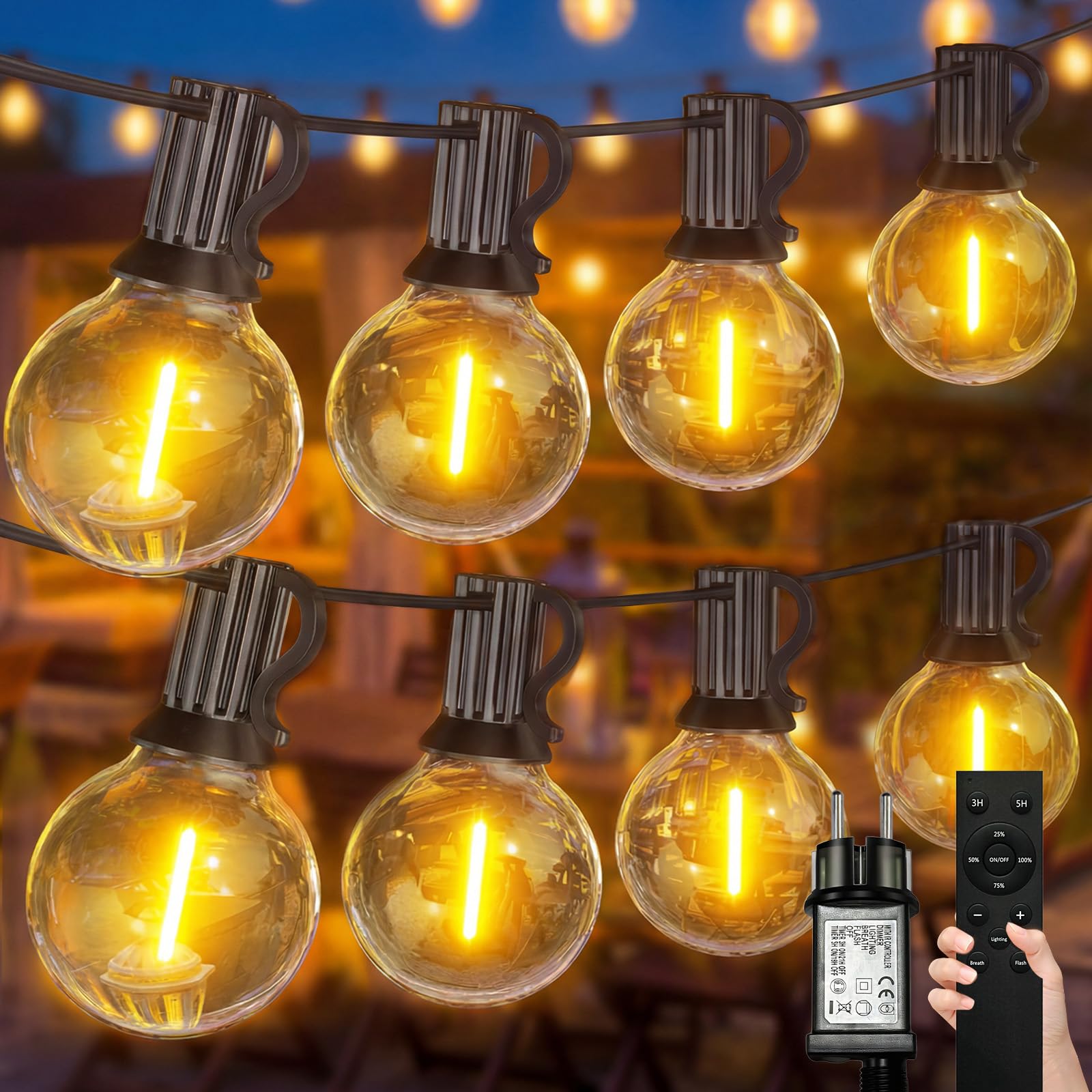 Guirnalda de luces LED para exteriores 30m, 70+4 G40 bombillas, guirnalda de luces con temporizador, IP44 impermeable, iluminación de balcón para jardín, terraza, Navidad, blanco cálido