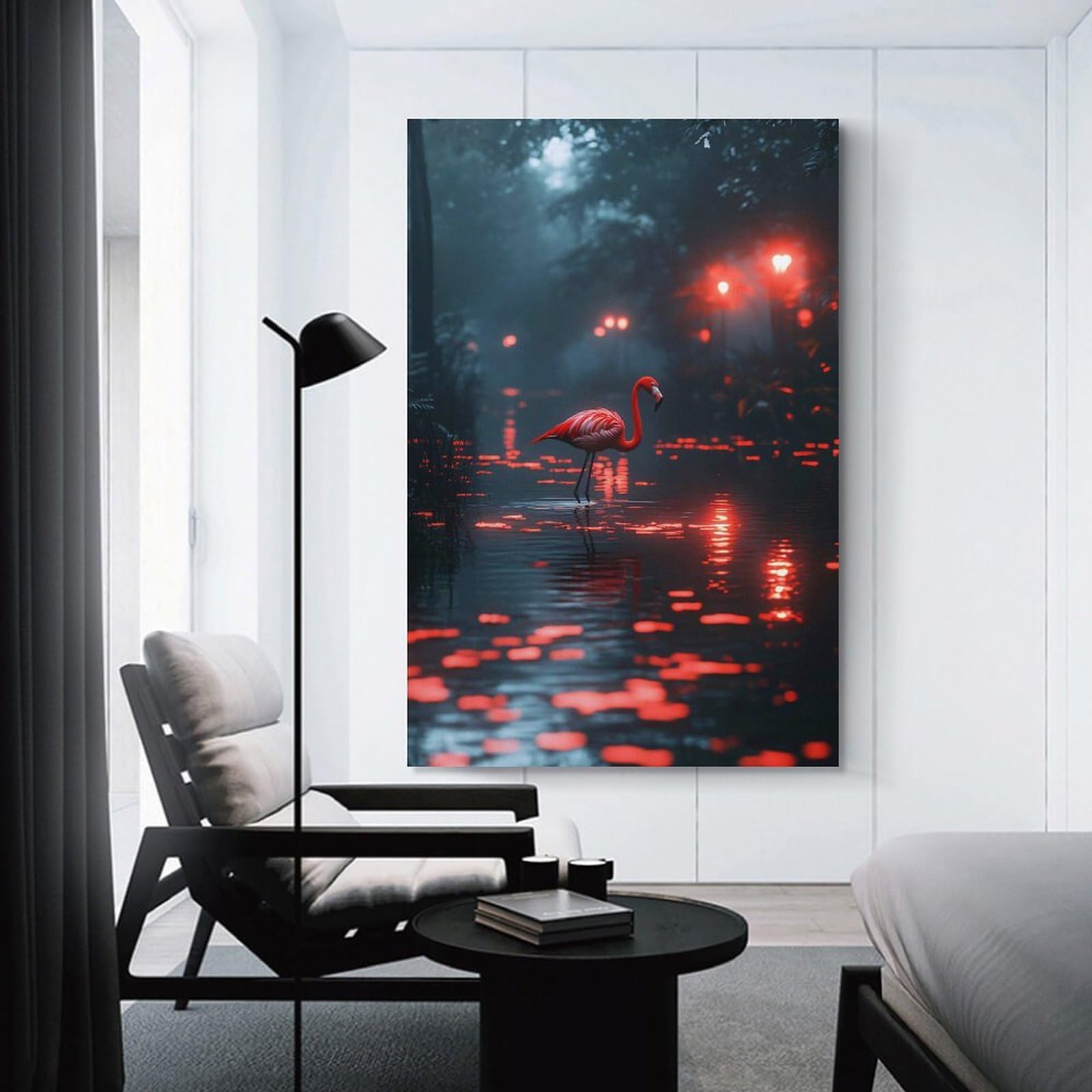 Junmoney Unframe-Style-24 Flamingo In A Mystical Red-Lit Forest Wall Decor Canvas Print, 12X18inch(30X45cm), For Wall Displays, Bedrooms Or Room Updates, Wall Decor Suited To Curated Displays