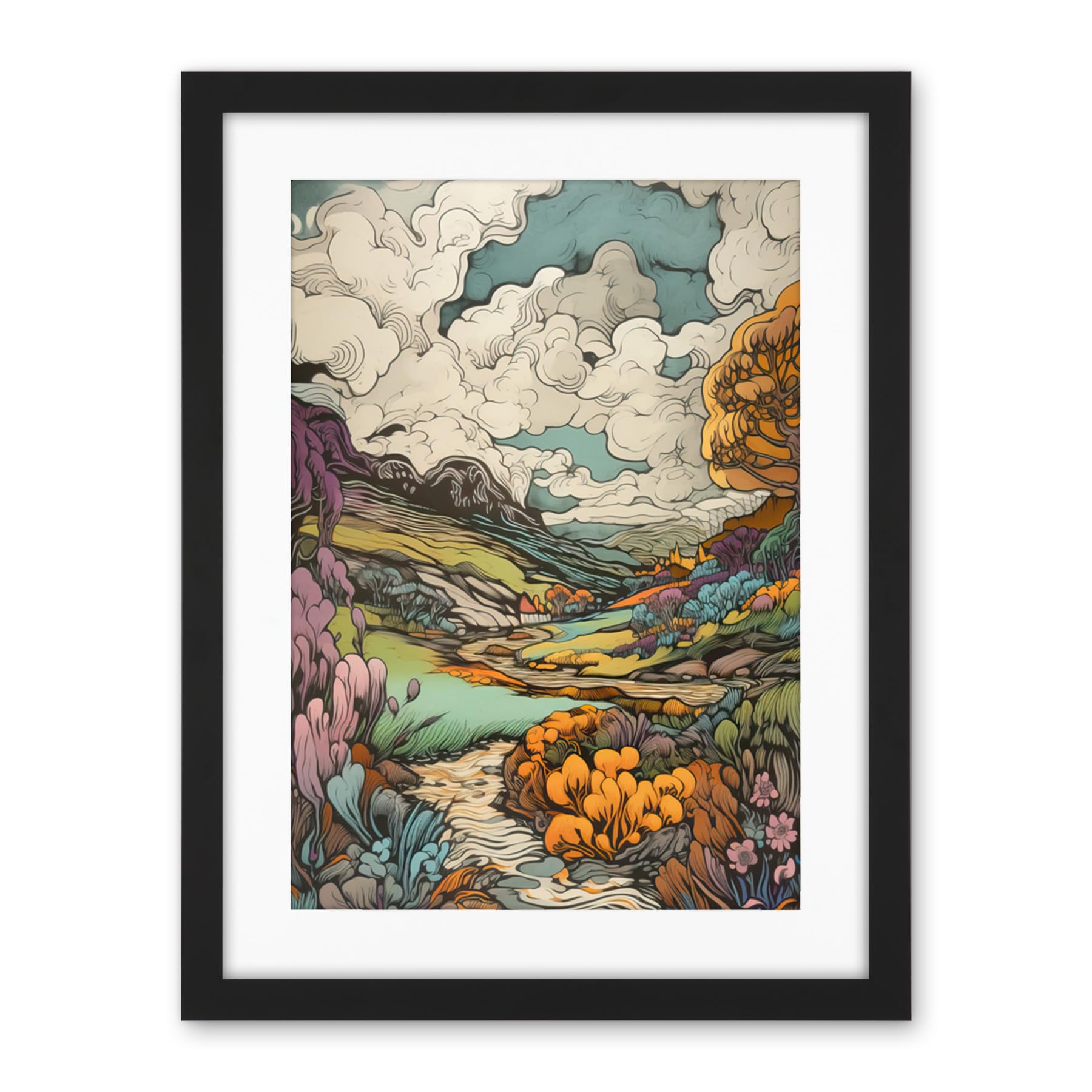 Artery8 Meadow River Multicoloured Landscape Illustration Artwork Framed Wall Art Print 18X24 Inch