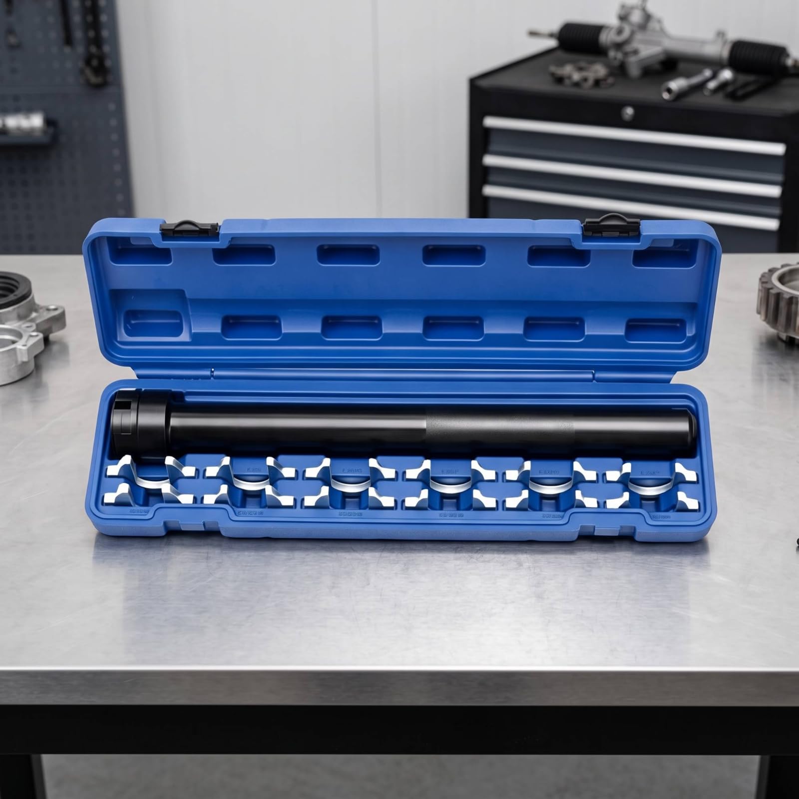 Lenkungsreparatur Schlüsselsatz mit Austauschbaren Silbernen Köpfen für Spurstangen Anpassung mit Robustem Schwarzem Metallhandgriff Und Blauem Koffer