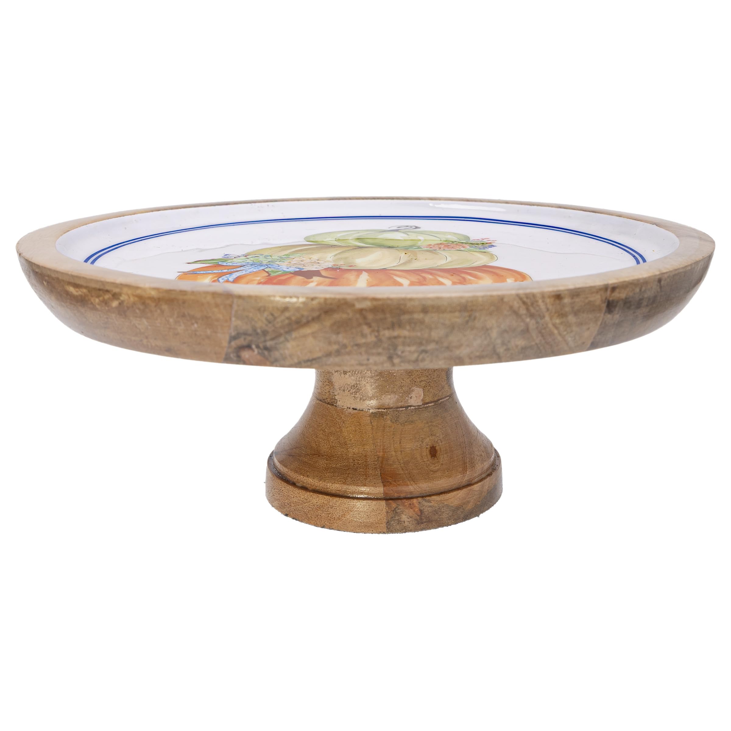 Boston International Round Pedestal Platter Mango Wood Serving Dish with Glossy Enamel Finish, 10" x 4", Fall Pumpkins