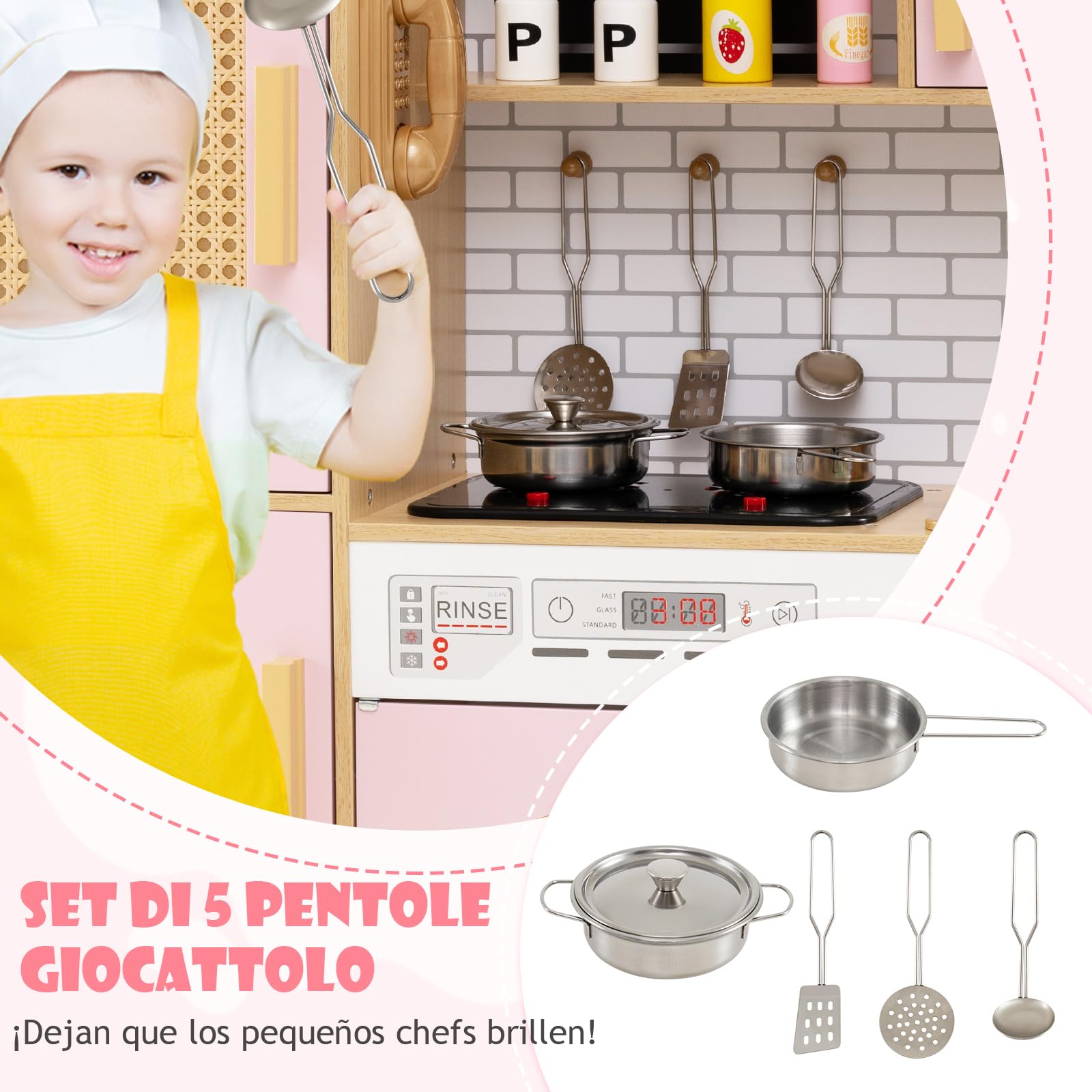 RELAX4LIFE Cucina Giocattolo per Bambini, Effetti Sonori e Luminosi, Gioco Cucina in Legno con Frigo, Microonde, Forno, Lavatrice, Mini Cucina per Bambini 3-6 Anni (Rosa)