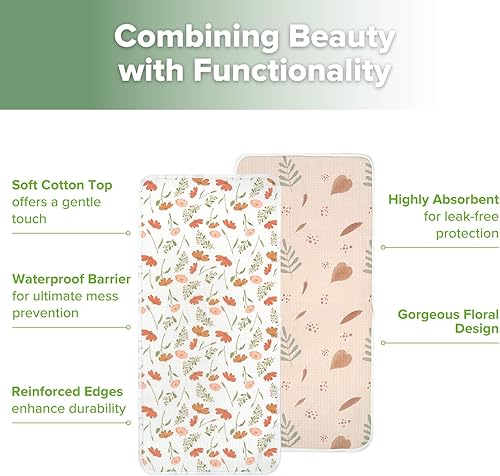 Miniatura 6 de haakaa Forro impermeable para cambiador, 100% algodón, suave y transpirable (2 piezas, 13 x 27.5 pulgadas, flor de terciopelo + hojas de amor)
