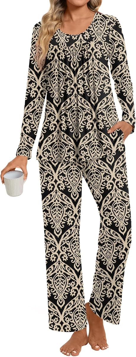 TAOHUADAO Conjunto de pijamas para mujer, talla grande, camisetas y pantalones de manga larga, conjunto de pijama para mujer, otoño invierno, 2 piezas, ropa de descanso con bolsillos