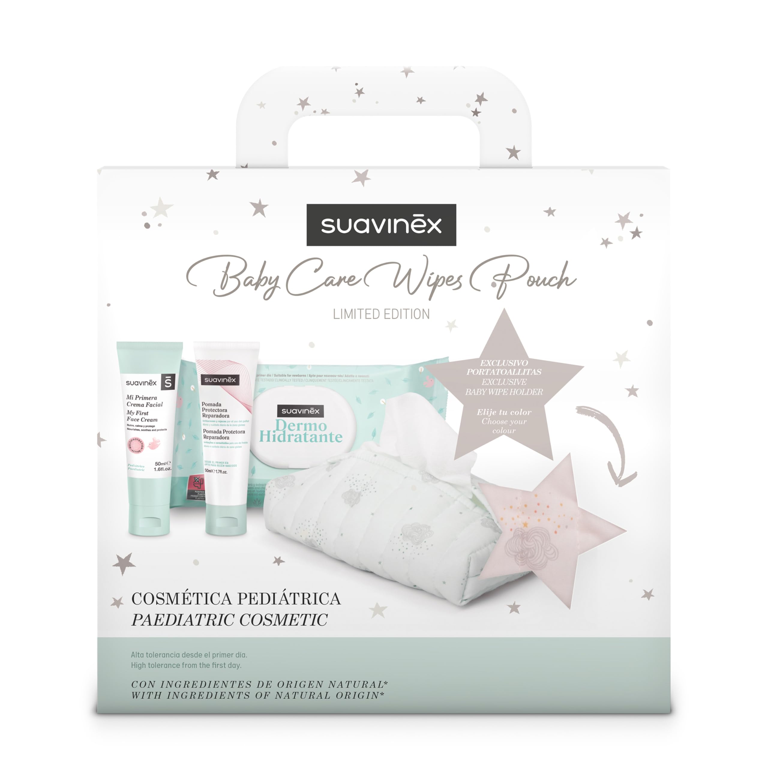 Suavinex, Regalo Bebé Recién Nacido, Canastilla Bebé con Porta Toallitas de Tela con: Crema del Pañal - Pomada Protectora Reparadora + Crema Facial + Toallitas Dermohidratantes, Rosa