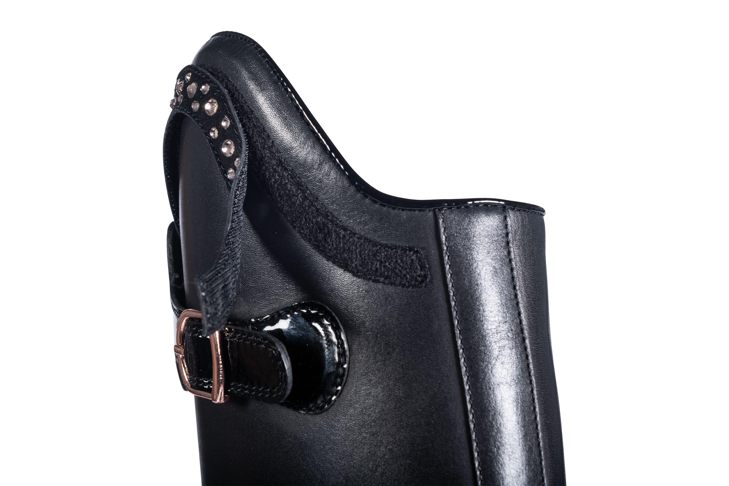 HKM Reitstiefel Trinity Herren | Standardlänge & Weite | Anpassbarer Dressurbogen | Glitzer-Applikationen | Poloschnalle Rosegold | Schwarz/Dunkelblau, Größe 36-44