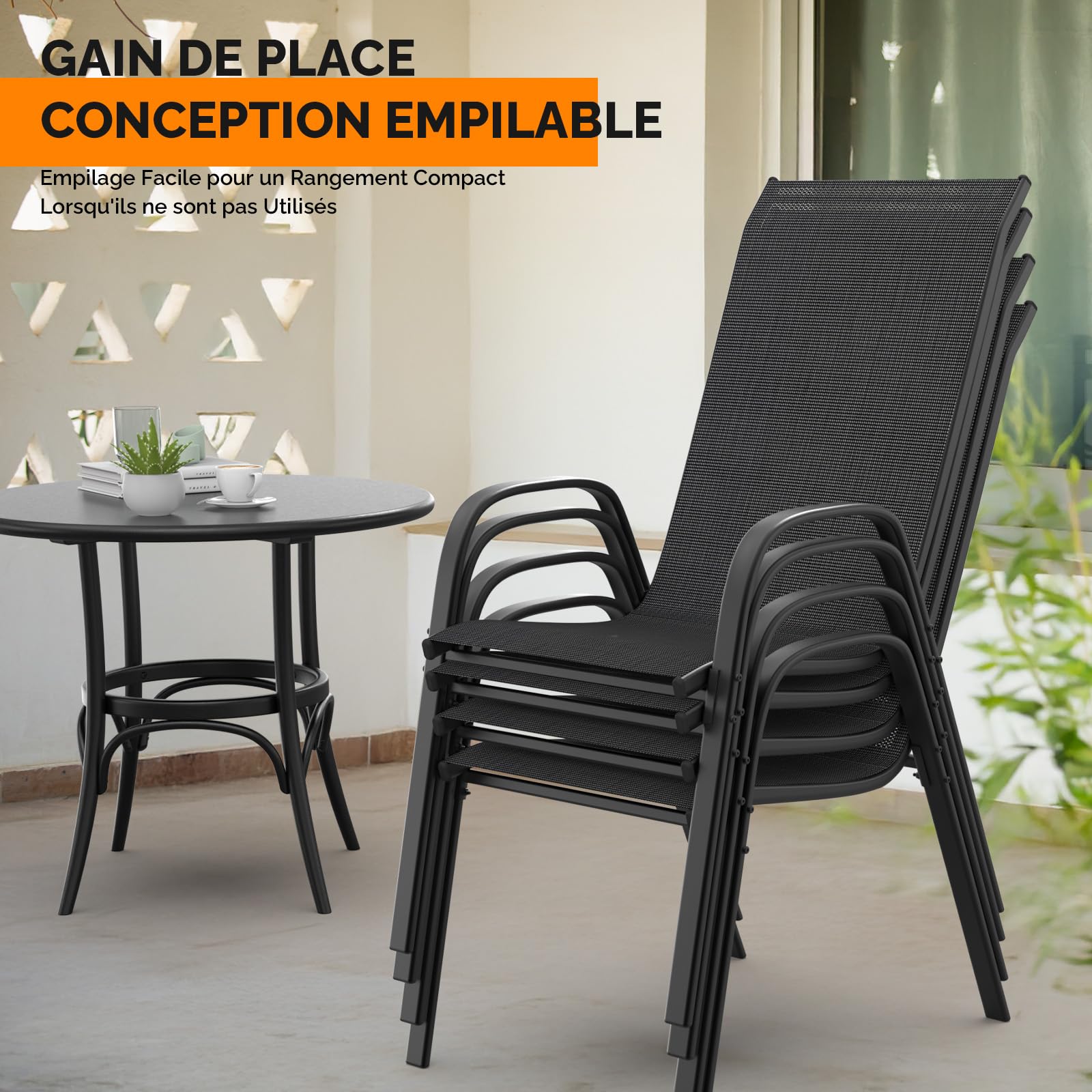 Bonnlo Lot de 6 Chaises de Jardin Exterieur - Chaise Empilable, Idéales pour Jardins, Cours, Balcons, Restaurants, Facile à Installer, Confortable et Design (Noir, Lot de 6)