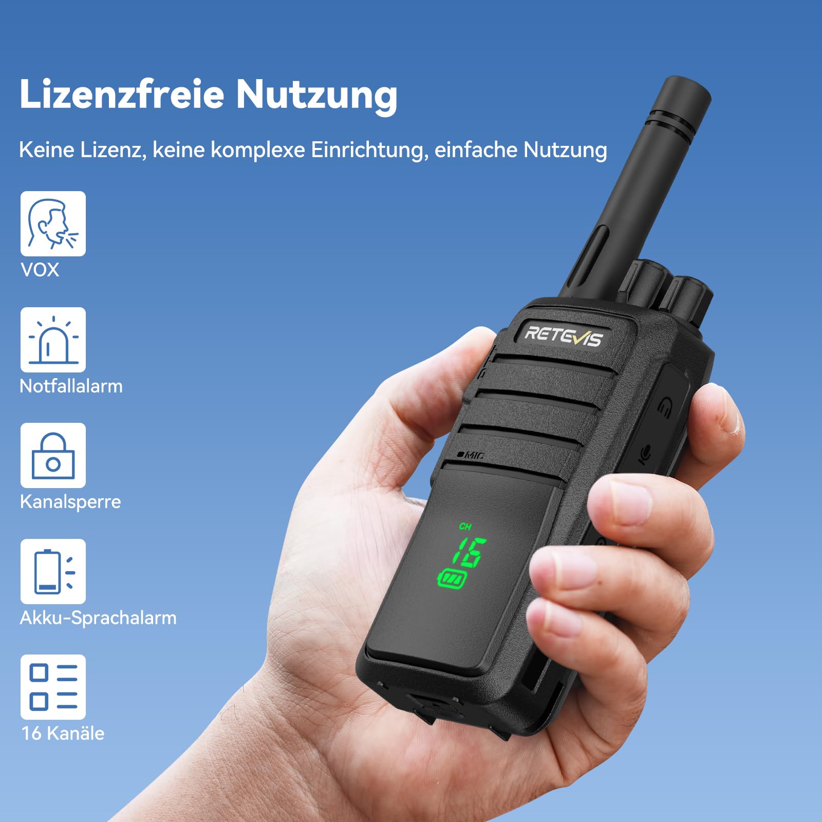 Retevis RT21H Walkie Talkies per Adulti, Walkie Talkie Licenza-libera con Schermo Nascosto IP54 Ricarica Tipo-C Allarme di Emergenza Radio Bidirezionale per Escursionismo, Campeggio(2 Pezzi, Nero)