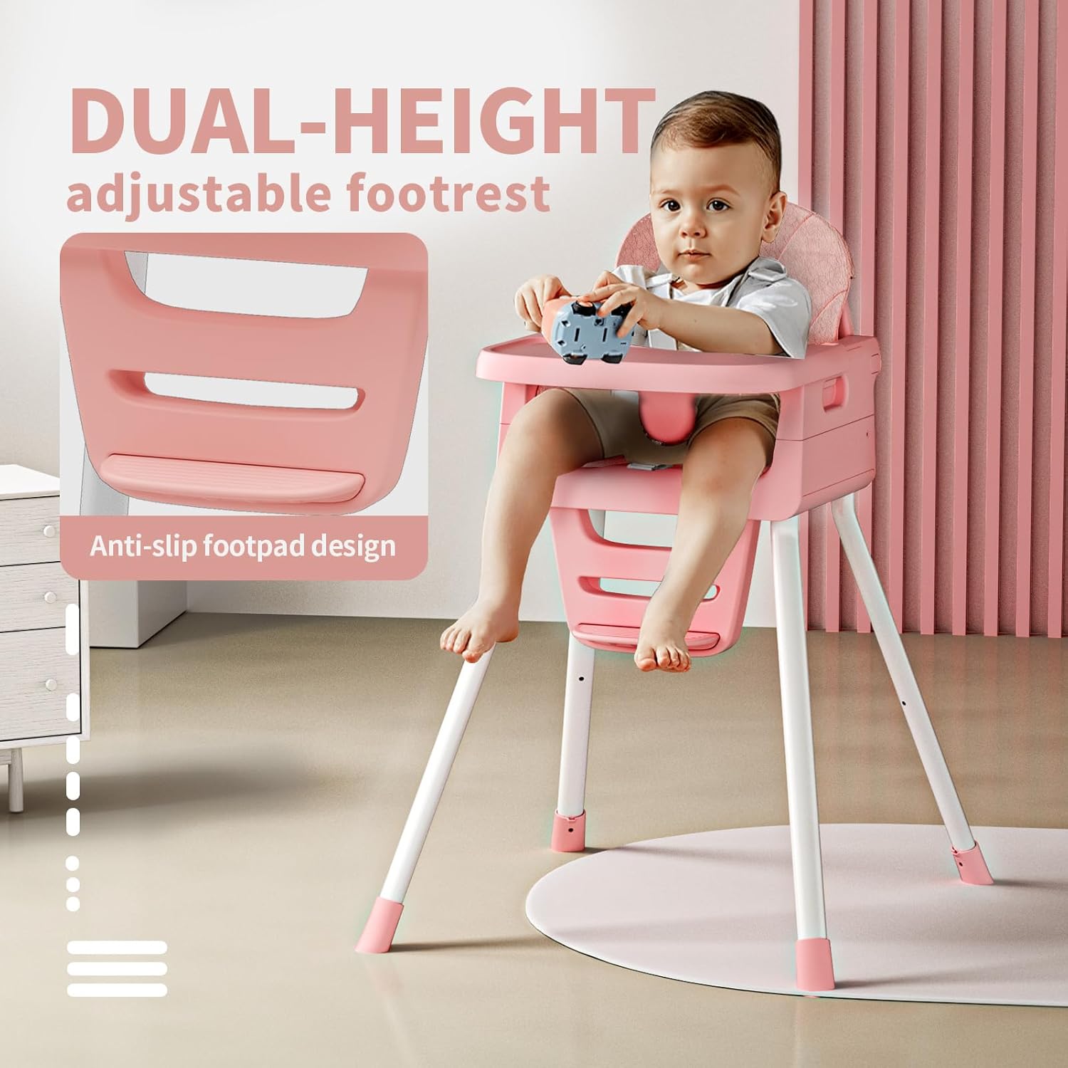 Portable High Chairs for Babies and Toddlers, Convertible Baby Feeding Chair with Tray, Easy Clean High Chair for Toddler with Foot Rest, Infant Highchairs & Booster Seats with Cushion Pink