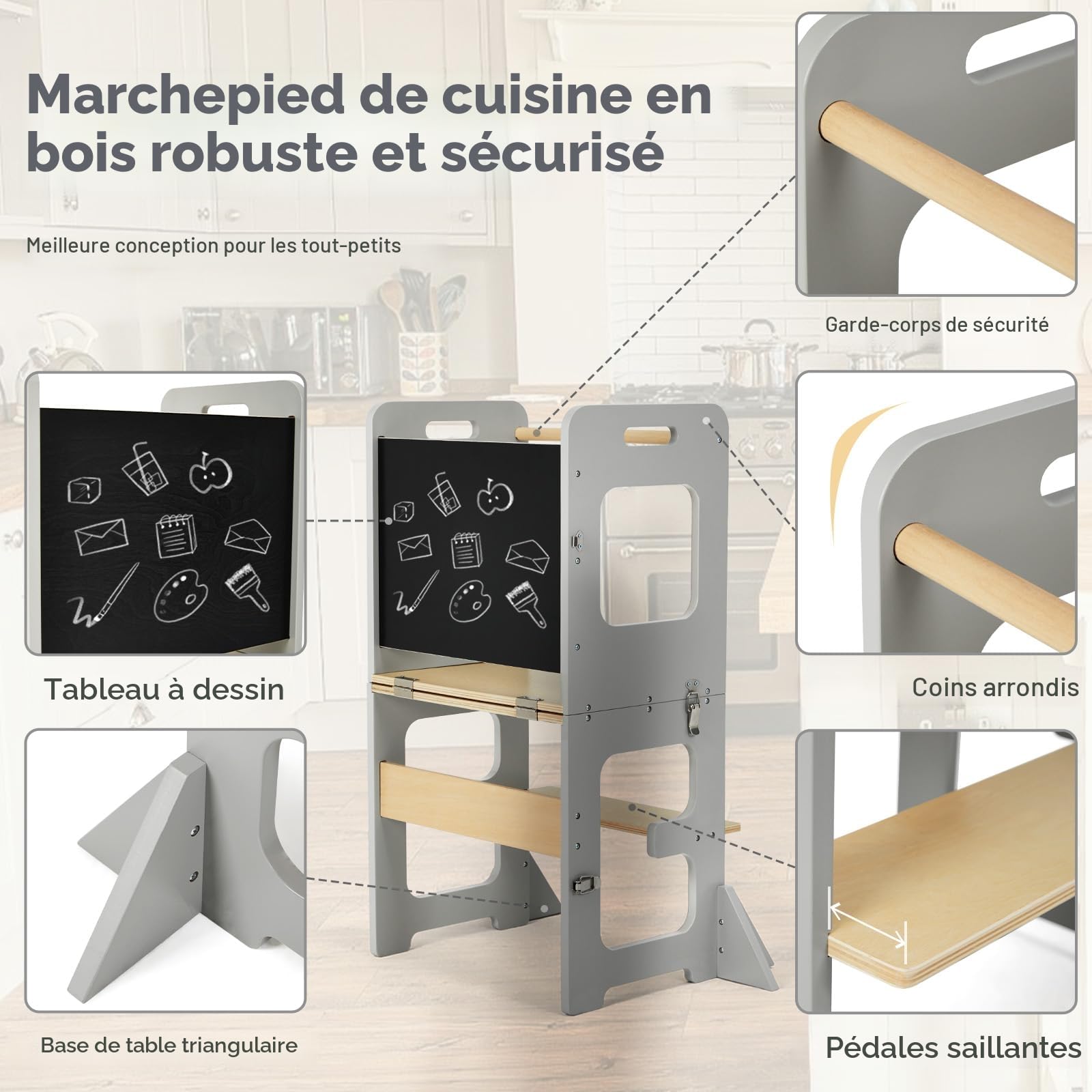 Labebe Tour d'apprentissage pour Enfants, Montessori Learning Tower avec Tableau Noir, Multifonction 3 en 1 Tour d Observation Pliable, Tour d'apprentissage à partir de 1an （Grau）